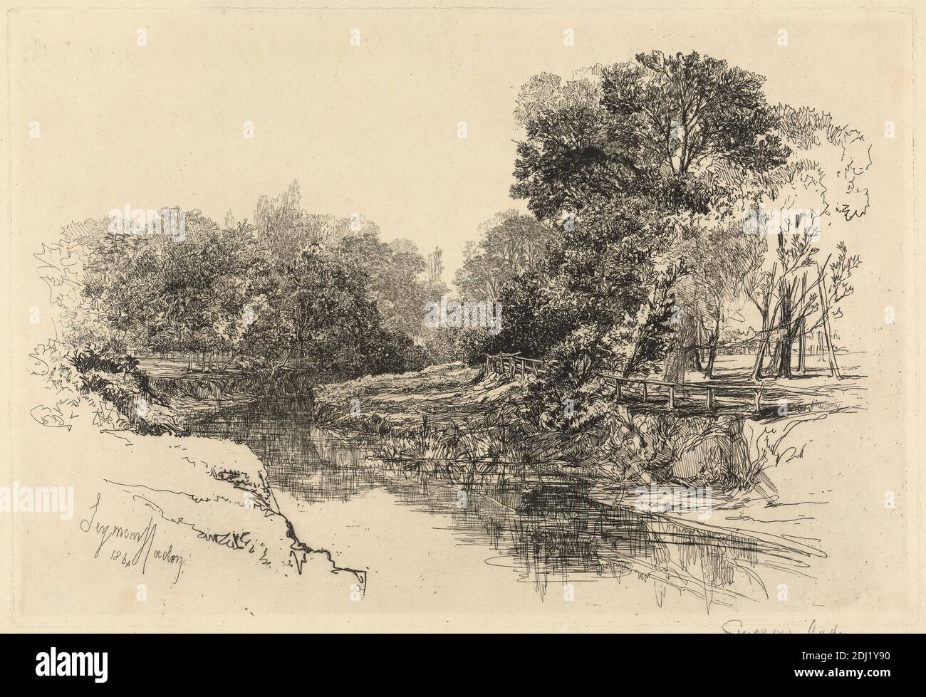 A River in Ireland, Francis Seymour Haden, 1818–1910, British, 1864, Ätzung und Trockenpunkt auf mäßig dickem, mäßig strukturiertem, cremefarbenem, antikem Papier, Blatt: 10 11/16 x 15 1/8 Zoll (27.1 x 38.4 cm), Teller: 9 1/2 x 14 Zoll (24.2 x 35.5 cm), und Bild: 9 1/4 x 13 5/8 Zoll (23.5 x 34.6 cm), Ufer, Zaun, Laub, Landschaft, Geländer, Schilf, Fluss, Bäume, Europa, Irland, Tipperary Stockfoto