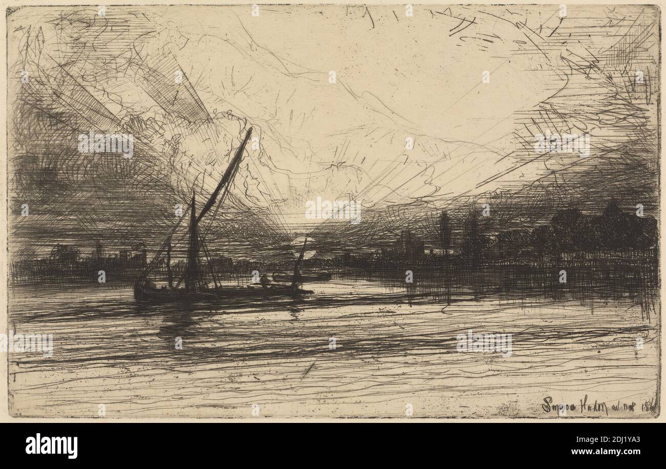 Sunset on the Thames, Francis Seymour Haden, 1818–1910, British, 1865, Ätzung und Trockenpunkt, mit Tellerton auf Medium, leicht strukturiert, cremefarbenes Papier, Blatt: 7 1/16 x 9 13/16 Zoll (17.9 x 25 cm), Teller: 5 1/4 x 8 3/8 Zoll (13.4 x 21.2 cm), und Bild: 5 1/4 x 8 3/8 Zoll (13.4 x 21.2 cm), Banken, Lastkähne, Boote, Gebäude, Stadtbild, Wolken, Landschaft, Meereskunst, Masten, Reflexionen, Fluss, Segel, Seemann, Schatten, Küstenlinien, Sonne, Sonnenuntergang, Bäume, England, Europa, Groß-London, Themse, Vereinigtes Königreich Stockfoto
