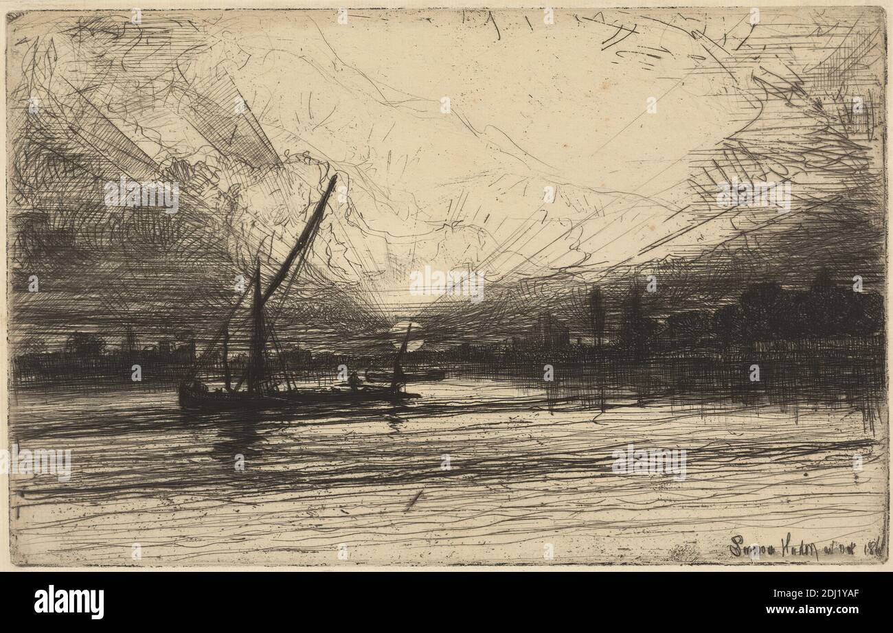 Sunset on the Thames, Francis Seymour Haden, 1818–1910, British, 1865, Ätzung und Trockenpunkt, mit Tellerton auf Medium, leicht strukturiert, cremefarbenes Papier, Blatt: 6 1/2 x 8 5/8 Zoll (16.5 x 21.9 cm), Platte: 5 5/16 x 8 3/8 Zoll (13.5 x 21.3 cm), und Bild: 5 5/16 x 8 3/8 Zoll (13.5 x 21.3 cm), Banken, Lastkähne, Boote, Gebäude, Stadtbild, Wolken, Landschaft, Meereskunst, Masten, Reflexionen, Fluss, Segel, Seemann, Schatten, Küstenlinien, Sonne, Sonnenuntergang, Bäume, England, Europa, Groß-London, Themse, Vereinigtes Königreich Stockfoto