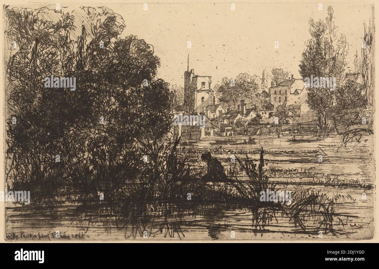 Von Twickenham, Francis Seymour Haden, 1818–1910, British, 1865, Ätzung und Trockenpunkt, mit Tellerton auf mäßig dickem, glattem, cremefarbenem Papier, Blatt: 6 7/16 x 9 7/16 Zoll (16.4 x 23.9 cm), Platte: 5 3/8 x 8 7/16 Zoll (13.7 x 21.5 cm) und Bild: 5 3/8 x 8 7/16 Zoll (13.7 x 21.5 cm), Architekturmotiv, Bank, Bootfahren, Boote, Gebäude, Kirche, Stadtbild, Hund (Tier), Häuser, Landschaft, Pflanzen, Schilf, Reflexionen, Fluss, Rudern, Turm (Gebäudeteilung), Bäume, Wasser, England, Europa, Groß-London, Middlesex, Twickenham, Großbritannien Stockfoto