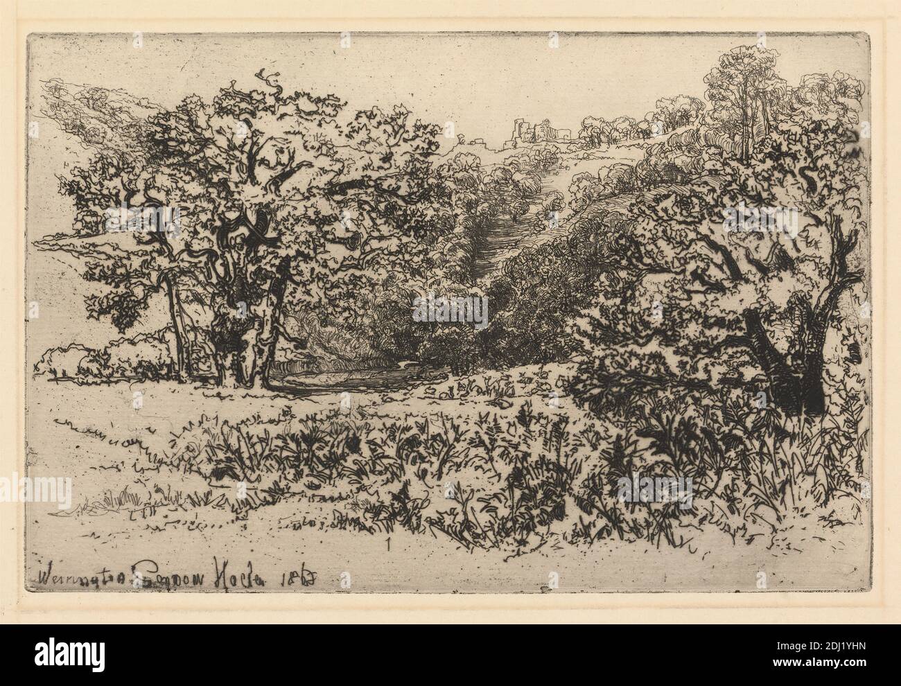 Werrington, Francis Seymour Haden, 1818–1910, British, 1868, Ätzung und Trockenpunkt, mit Tellenton auf Medium, leicht strukturiert, beigefarbenes Papier, Blatt: 9 13/16 x 14 5/16 Zoll (25 x 36.4 cm), Platte: 5 1/2 x 8 5/16 Zoll (13.9 x 21.1 cm), und Bild: 5 1/2 x 8 5/16 Zoll (13.9 x 21.1 cm), architektonisches Motiv, Büsche, Burg, Vieh, Kühe, Abstand, Laub, Gras, Beweidung, Herde, Hügel, Landschaft, Fluss, Schafe, Bach, Bäume, England, Europa, Staffordshire, Vereinigtes Königreich Stockfoto