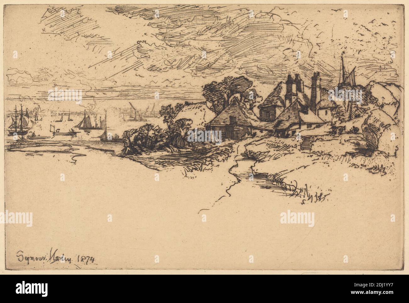 An Essex Farm, Francis Seymour Haden, 1818–1910, British, 1874, Ätzung und Trockenpunkt, mit Tellerton auf mäßig dickem, glattem, cremefarbenem Papier, Blatt: 8 7/16 x 13 7/16 Zoll (21.5 x 34.2 cm), Teller: 6 15/16 x 10 3/8 Zoll (17.6 x 26.4 cm) und Bild: 6 15/16 x 10 3/8 Zoll (17.6 x 26.4 cm), Architekturmotiv, Boote, Bach, Gebäude, Büsche, Kamine, Wolken, Jollen, Bauernhof, Haus, Landschaft, Meereskunst, Masten, Meteorologie, Hafen, Fluss, Felsen (Landformen), Dächer, Segel, Wissenschaft, Meer, Seeleute, Schiffe, Ufer (Landform), Bach, Bäume, Wetter, England, Essex, Europa, Themse, United Stockfoto