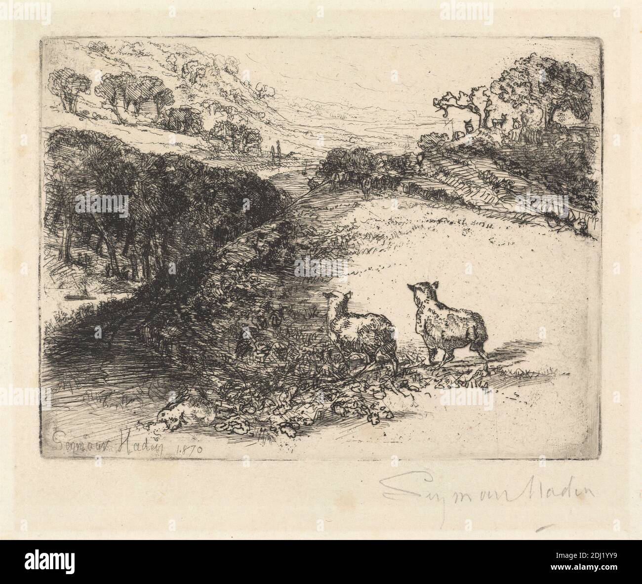Die beiden Schafe, Francis Seymour Haden, 1818–1910, Britisch, 1870, Ätzung und Trockenpunkt, mit Tellerton auf mäßig dickem, mäßig strukturiertem, cremeantikem Papier, Blatt: 9 13/16 x 13 3/8 Zoll (25 x 33.9 cm), Teller: 4 1/2 x 6 Zoll (11.4 x 15.2 cm), und Bild: 4 1/2 x 6 Zoll (11.4 x 15.2 cm), Tierkunst, Boot, Entfernung, Figur, Laub, Gras, Hase, Hügel, Landschaft, Kaninchen, Fluss, Schatten, Schafe, Bäume, Tal Stockfoto