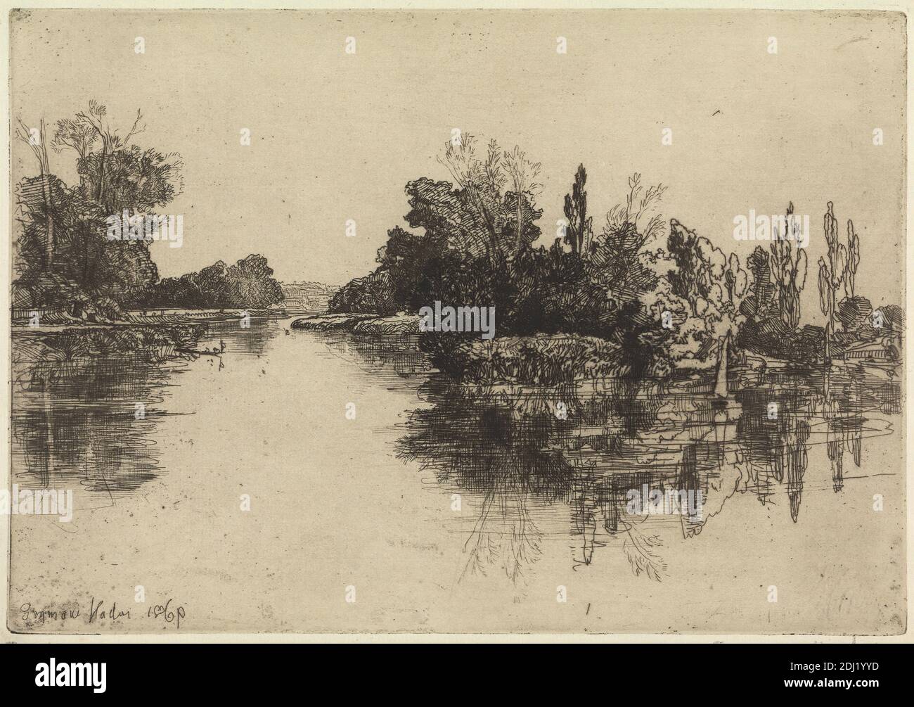 The Island Opposite Boyle's Farm, Francis Seymour Haden, 1818–1910, British, 1869, Ätzung und Trockenpunkt, mit Tellenton auf Medium, leicht strukturiert, cremefarbenes antikes Papier, Blatt: 8 1/16 x 11 9/16 Zoll (20.4 x 29.3 cm), Teller: 6 7/8 x 9 15/16 Zoll (17.5 x 25.2 cm), und Bild: 6 7/8 x 9 15/16 Zoll (17.5 x 25.2 cm), Banken, Boot, Bootfahren, Figuren, Angeln, Insel, Landschaft, Punt (Boot), Reflexionen, Fluss, Bäume, England, Europa, Themse, Vereinigtes Königreich Stockfoto