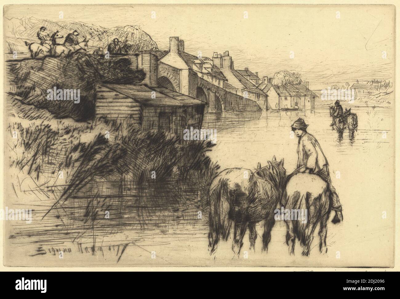 Wareham Bridge, Francis Seymour Haden, 1818–1910, British, 1877, Ätzung und Trockenpunkt, mit Tellenton auf mittlerem, glattem, cremefarbenem, antikem Papier, Blatt: 7 1/8 x 10 3/16 Zoll (18.1 x 25.8 cm), Platte: 5 7/8 x 8 3/4 Zoll (15 x 22.3 cm), und Bild: 5 7/8 x 8 3/4 Zoll (15 x 22.3 cm), Tierkunst, Bögen, architektonisches Motiv, Banken, Brücke (gebaut), Gebäude, Kamine, Stadtbild, Hütten, Figuren, Flut, Fording, Hut, Hügel, Pferde (Tiere), Häuser, Männer, Schilf, Reiter, Pferd, Fluss, Dächer, Ufer, Dorf, Dorset, England, Europa, Vereinigtes Königreich, Wareham Stockfoto