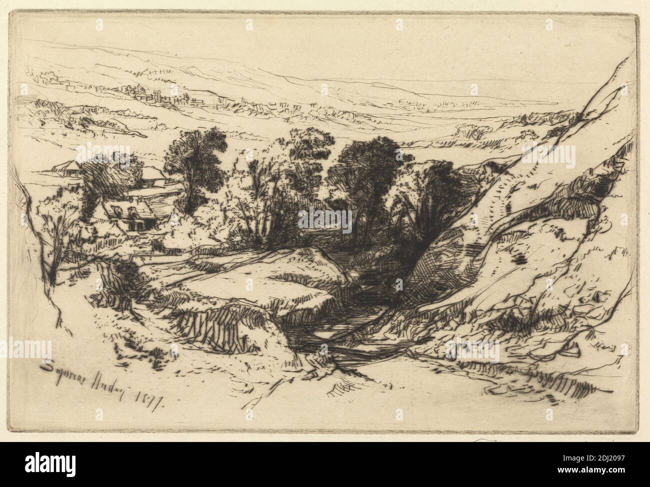 Nine Barrow Down, Francis Seymour Haden, 1818–1910, British, 1877, Ätzung und Trockenpunkt, mit Tellerton auf Medium, leicht strukturiert, cremefarbenes Papier, Blatt: 7 3/4 x 10 3/8in. (19.7 x 26,4 cm), Platte: 5 7/8 x 8 13/16 Zoll (15 x 22.4 cm), und Bild: 5 7/8 x 8 13/16 Zoll (15 x 22.4 cm), Gebäude, Hütten, Entfernung, Schlucht, Schlucht, Hügel, Landschaft, Moor, Fluss, Felsen (Landformen), Hang, Bäume, Tal, Dorset, England, Europa, Großbritannien Stockfoto