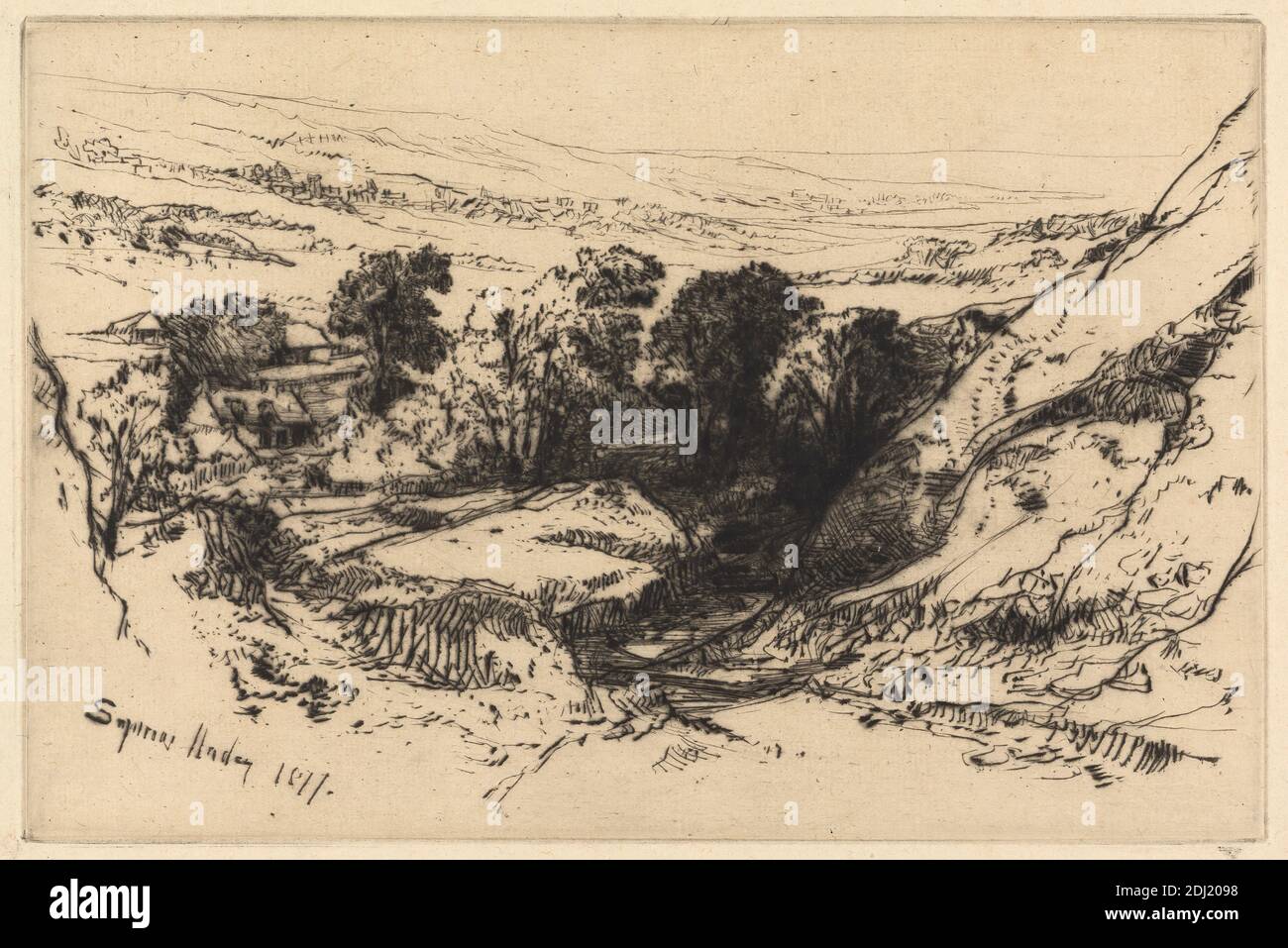 Nine Barrow Down, Francis Seymour Haden, 1818–1910, British, 1877, Ätzung und Trockenpunkt auf mittlerem, leicht strukturiertem, cremefarbenem antiquem Papier, Blatt: 8 1/16 x 11 7/8 Zoll (20.4 x 30.1 cm), Teller: 5 7/8 x 8 13/16 Zoll (14.9 x 22.4 cm) und Bild: 5 7/8 x 8 13/16 Zoll (14.9 x 22.4 cm), Gebäude, Ferienhäuser, Entfernung, Schlucht, Schlucht, Hügel, Landschaft, Moor, Fluss, Felsen (Landformen), Hang, Bäume, Tal, Dorset, England, Europa, Vereinigtes Königreich Stockfoto