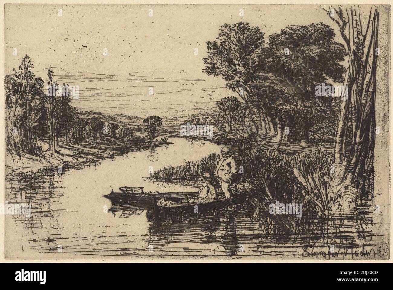 Thames Fishermen, nein 2, Francis Seymour Haden, 1818–1910, British, 1878, Ätzung und Trockenpunkt, mit Tellenton auf Medium, leicht strukturiert, cremefarbenes Papier, Blatt: 7 1/8 x 10 Zoll (18.1 x 25.4 cm), Teller: 5 7/8 x 8 7/8 Zoll (15 x 22.6 cm), und Bild: 5 7/8 x 8 7/8 Zoll (15 x 22.6 cm), Banken, Vögel, Boote, Schlauchboote, Fischer, Angeln, Genre Thema, Landschaft, Pots, Schilf, Reflexionen, Fluss, Sportkunst, Bäume, England, Europa, Themse, Vereinigtes Königreich Stockfoto