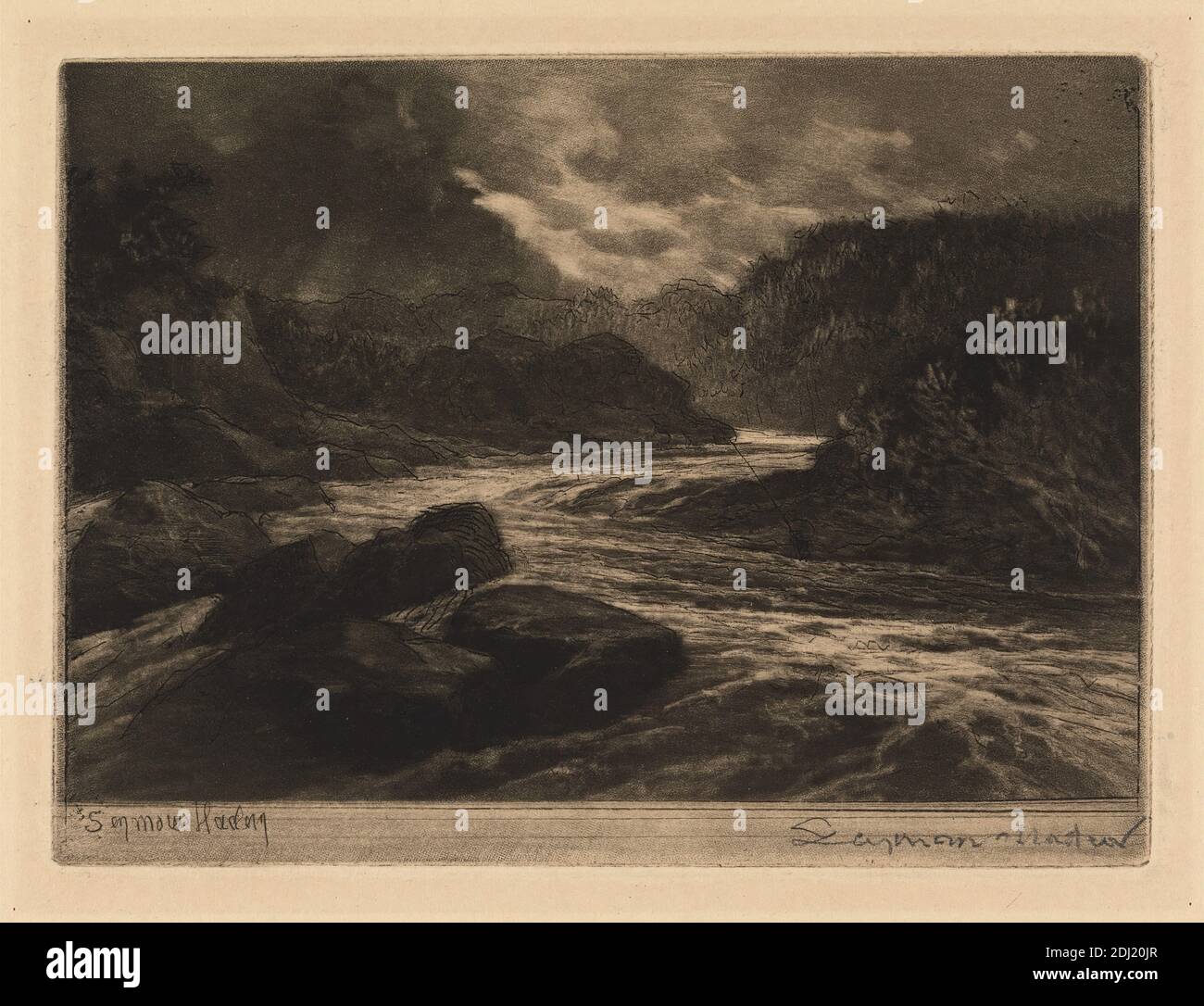 Ein Lachsfluss, nein 2, Francis Seymour Haden, 1818–1910, British, 1884, Radierung und Mezzotint auf mäßig dickem, mäßig strukturiertem, cremefarbenem Wove-Papier, Blatt: 11/16 x 28.2 cm (7 11 1/8 x 19.5 Zoll), Platte: 5/8 x 1/4 cm (4 11.7 x 6 15.9 Zoll) und Bild: 4 1/4 x 6 1/8 Zoll (10.8 x 15.6 cm), Ufer, Wolken, dunkel, Dämmerung, Abend, Fluss, Laub, Hügel, Landschaft, Meteorologie, Nebel, Berge, Nacht, Pflanzen, Stromschnellen, Fluss, Felsen (Landformen), Wissenschaft, Himmel, Sportkunst, Wellen (Naturereignisse), Wetter Stockfoto