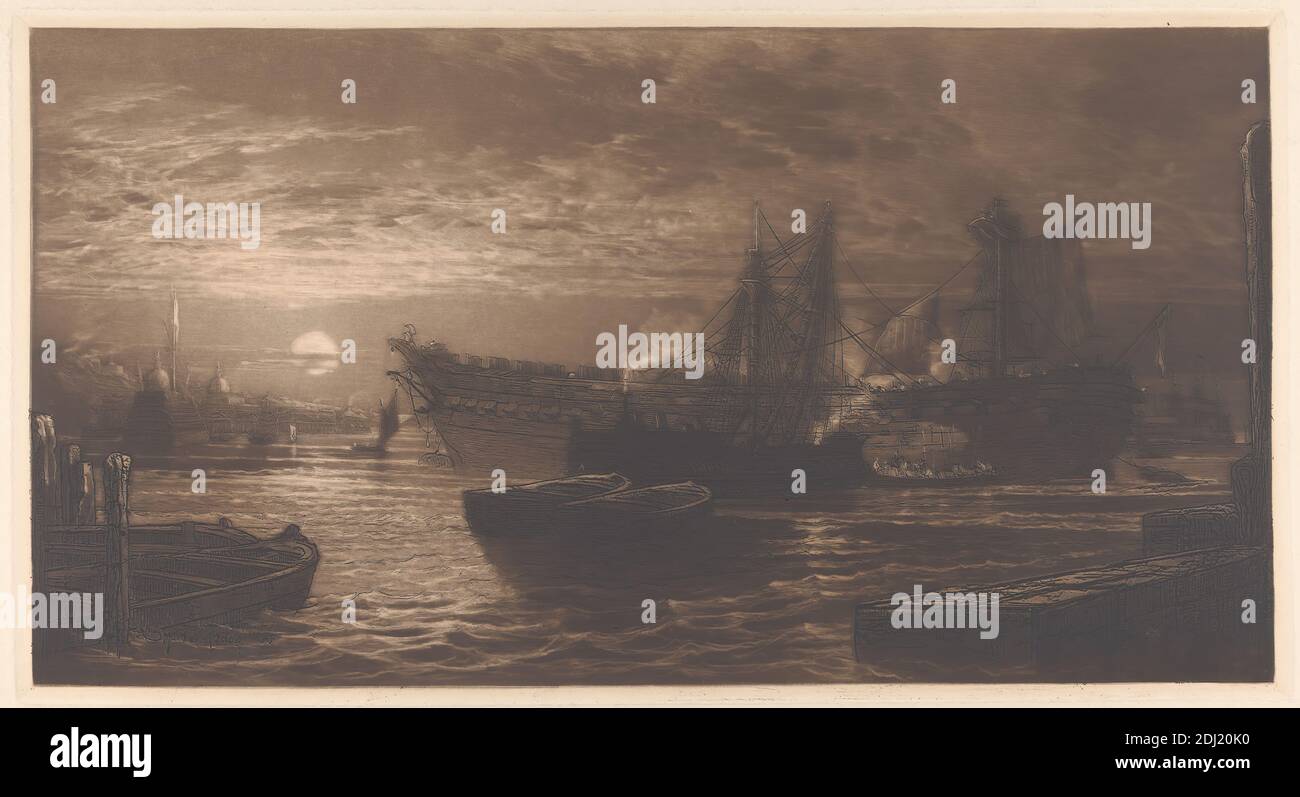 Die Zerbrechung des Agamemnon, nein 2, Francis Seymour Haden, 1818–1910, britisch, nach 1880, Radierung und Mezzotint auf dickem, leicht strukturiertem, cremefarbenem Papier, Blatt: 15 1/16 x 22 1/16 cm (56.1 x 38.3 Zoll), Platte: 10 1/4 x 18 7/8 Zoll (26 x 48 cm) und Bild: 9 3/4 x 18 3/8 Zoll (24.7 x 46.7 cm), architektonisches Motiv, Boote, Frachtschiffe, Stadtbild, Wolken, Container, Kuppeln, Dreadnought, Mündung, Flagge, Hafen, Krankenhaus, Meereskunst, Masten, Männer, Mond, Liegeplatz, Marine, Nacht, Pfosten, Takelage, Fluss, Seile, Segel, Meer, Seeleute, Schiffe, Rauch, Kriegsschiffe, Wasser, Wellen (Naturereignisse Stockfoto