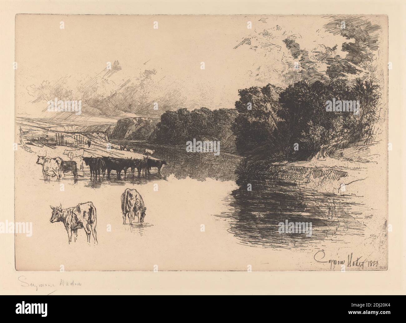 A Lancashire River, Francis Seymour Haden, 1818–1910, British, 1881, Ätzung und Trockenpunkt, mit Tellerton auf dickem, leicht strukturiertem, cremefarbenem Papier, Blatt: 15 1/2 x 21 3/4 Zoll (39.4 x 55.2 cm), Platte: 10 15/16 x 15 7/8 Zoll (27.8 x 40.4 cm) und Bild: 10 15/16 x 15 7/8 Zoll (27.8 x 40.4 cm), Tierkunst, Banken, Boote, Rinder, Klippen, Wolken, Kühe, Trinken, Essen, Hügel, Landschaft, Ochsen, Pfosten, Reflexionen, Fluss, Bäume, Wasser, England, Europa, Lancashire, Ribble, Großbritannien Stockfoto