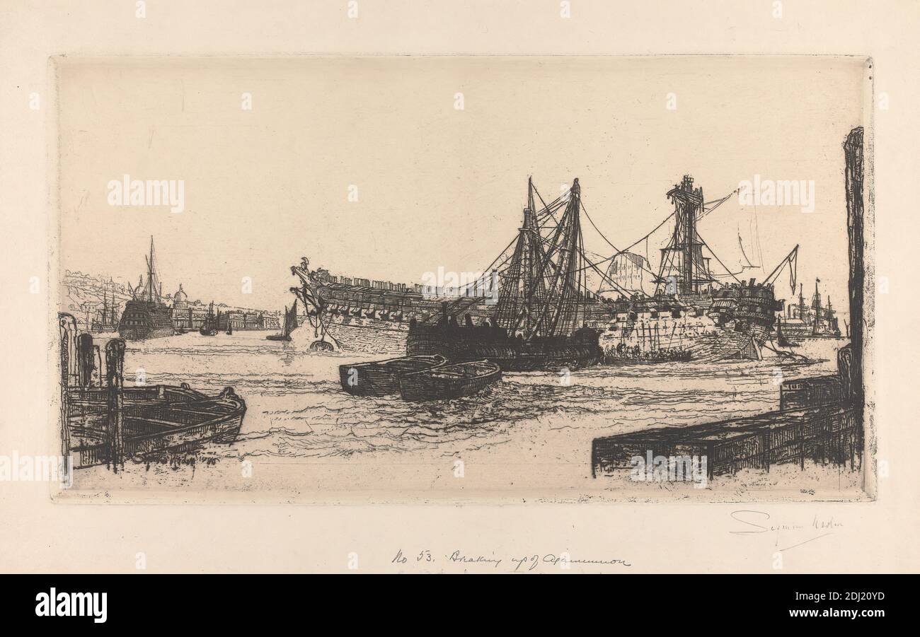 Die Zerbrechung des Agamemnon, nein 2, Francis Seymour Haden, 1818–1910, britisch, nach 1880, Ätzung und Trockenpunkt auf dickem, leicht strukturiertem, cremefarbenem Papier, Blatt: 15 3/16 x 21 7/8 cm (55.5 x 38.6 Zoll), Platte: 10 3/16 x 18 7/8 cm (47.9 x 25.9 Zoll) und Bild: 9 13/16 x 18 3/8 Zoll (24.9 x 46.6 cm), architektonisches Motiv, Boote, Frachtschiffe, Stadtbild, Container, Kuppeln, Dreadnought, Mündung, Flagge, Hafen, Krankenhaus, Meereskunst, Masten, Männer, Ankerplatz, Marine, Pfosten, Takelage, Fluss, Seile, Segel, Meer, Seeleute, Schiffe, Kriegsschiffe, Wasser, Wellen (Naturereignisse), Deptford, England, Europa Stockfoto