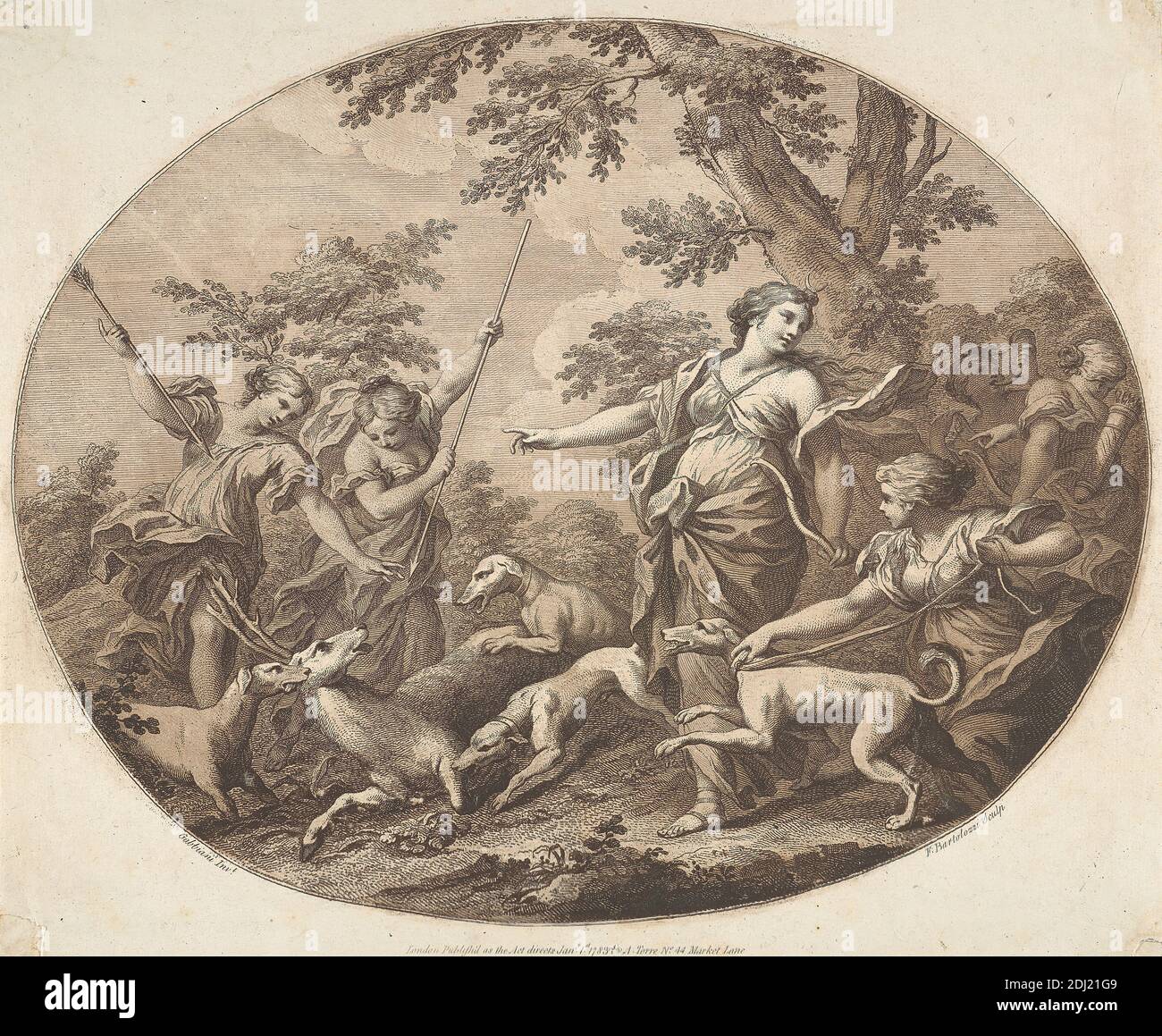 Diana the Huntress, Francesco Bartolozzi RA, 1728–1815, italienisch, in Großbritannien tätig (1764–99), nach Antonio Domenico Gabbiani, 1652–1726, italienisch, 1783, Gravur Stockfoto