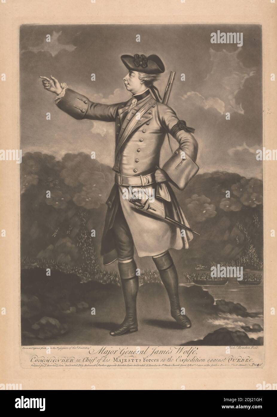 Generalmajor James Wolfe, Kommandant der Streitkräfte seiner Majestät auf der Expedition gegen Quebec, Richard Houston, ca. 1721–1775, britisch, nach unbekanntem Künstler, undatiert, Mezzotint auf Papier, Blatt: 18 1/2 x 11 (47 x 29,5 cm Stockfoto