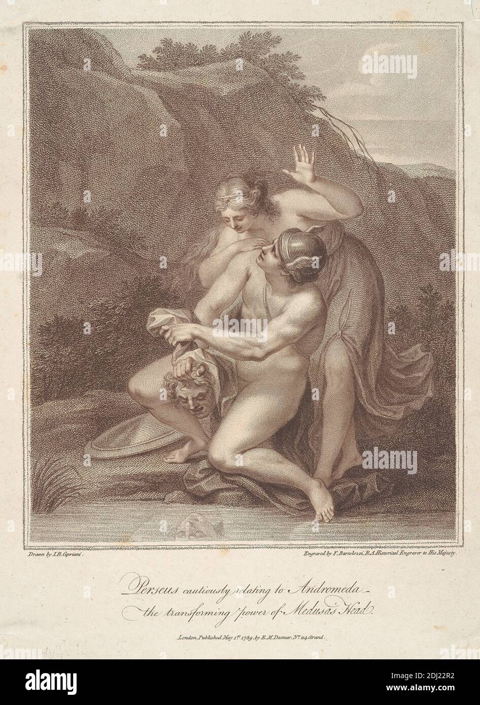 Perseus behutsam in Bezug auf Andromeda die Wandlungskraft von Medusas Kopf, Francesco Bartolozzi RA, 1728–1815, italienisch, in Großbritannien tätig (1764–99), nach Giovanni Battista Cipriani RA, 1727–1785, italienisch, in Großbritannien tätig (1755–85), 1789, Engraving Stockfoto