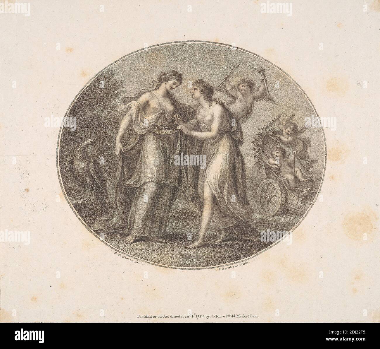 Venus Lending Juno her Belt, Francesco Bartolozzi RA, 1728–1815, italienisch, tätig in Großbritannien (1764–99), nach Giovanni Battista Cipriani RA, 1727–1785, italienisch, tätig in Großbritannien (1755–85), 1784, Engraving Stockfoto