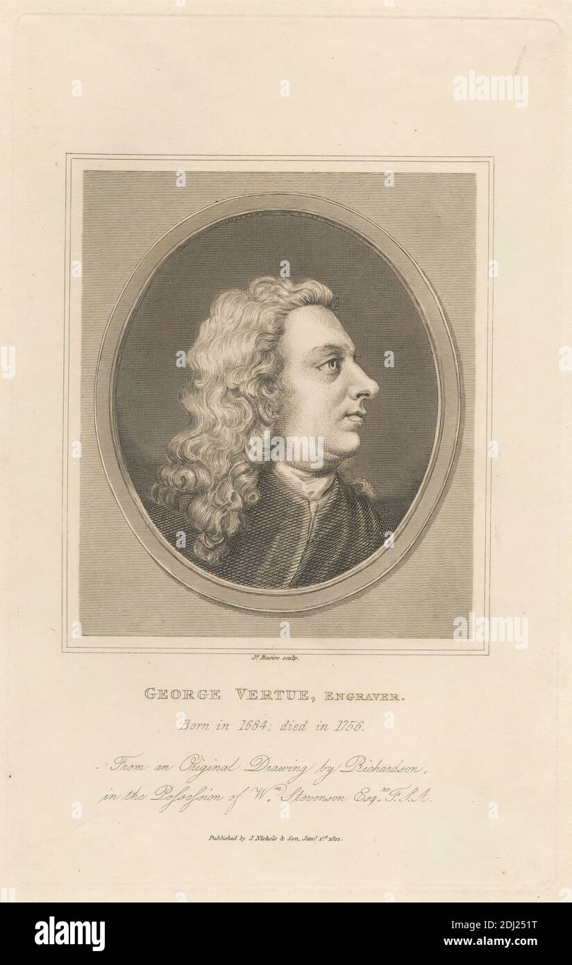 George Vertue, Kupferstecher, Druck von James Basire, 1769–1822, britisch, nach Jonathan Richardson the Elder, 1667–1745, britisch, Publiziert von Nichols & Son (1812), 1745–1826, britisch, 1812, Radierung und Strichgravur auf mittlerem, leicht strukturiertem, cremefarbenem Wove-Papier, Blatt: 11 1/16 x 7 11/16 Zoll (28.1 x 19.5 cm), Platte: 9 1/2 x 5 15/16 Zoll (24.2 x 15.1 cm), und Bild: 5 7/16 x 4 11/16 Zoll (13.8 x 11.9 cm), Locken, Graveur (Grafiker), Mann, oval, Porträt, Profil (Figur), Society of Antiquaries of London Stockfoto