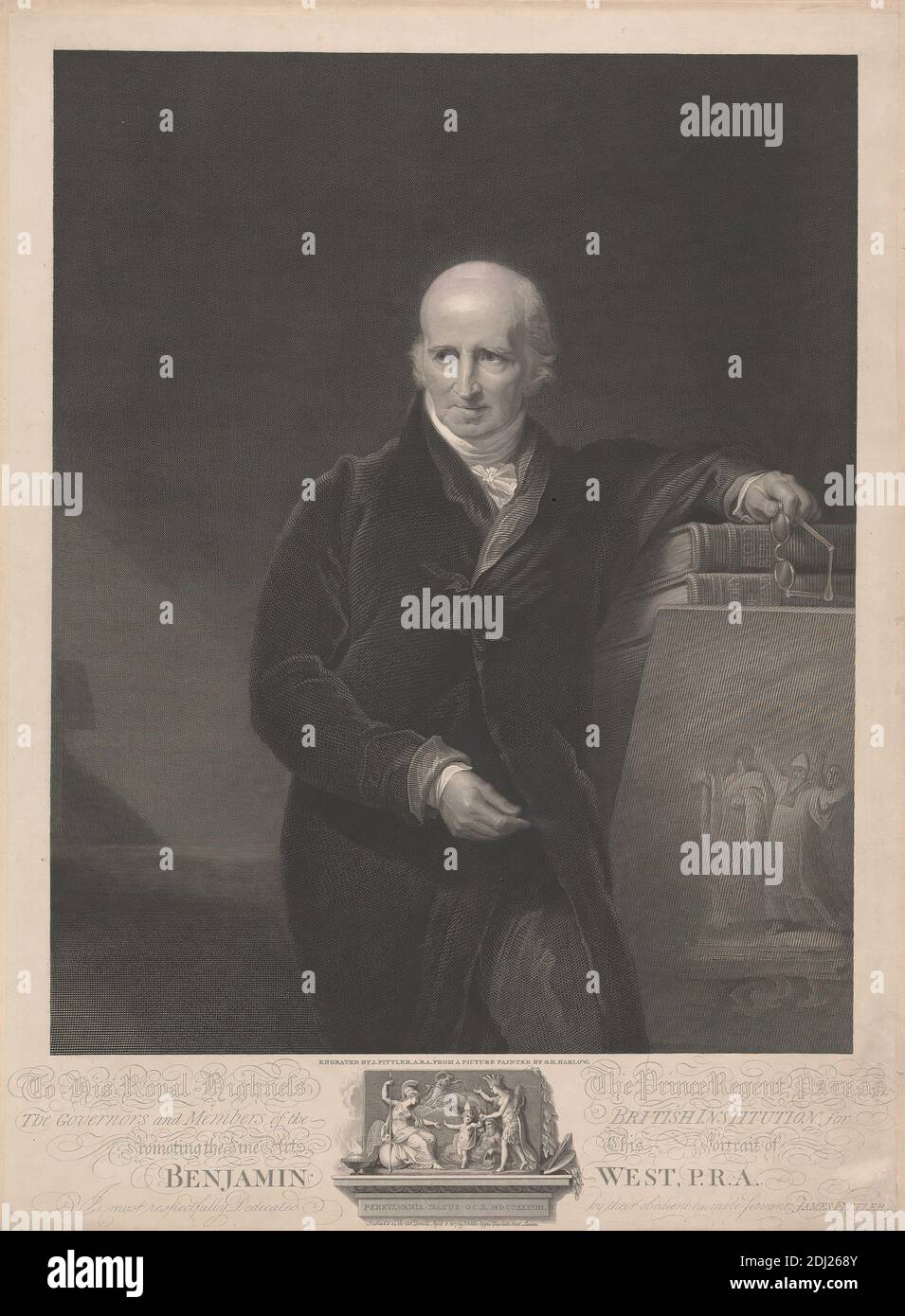 Benjamin West, P.R.A., James Fittler, 1758–1835, British, after George Henry Harlow, 1787–1819, British, Published by James Fittler, 1758–1835, British, 1817, Strichgravur, Radierung und Stippellstich auf mäßig dickem, leicht strukturiertem beigefarbenem Papier mit cremefarbenem Chine Collé, Blatt: 20 7/8 x 15 3/8 Zoll (53 x 39.1 cm), Blatt: 20 1/2 x 14 15/16 Zoll (52 x 38 cm), und Bild: 16 3/4 x 12 3/4 Zoll (42.6 x 32.4 cm), Künstler, Kunst, Glatze, Bücher, Cravat, Manschetten, Widmung (Dokument), Brillen, Illustration, Mythologie, Maler, Malerei (visuelle Arbeit), Porträt, Präsident, Relief, Robe Stockfoto