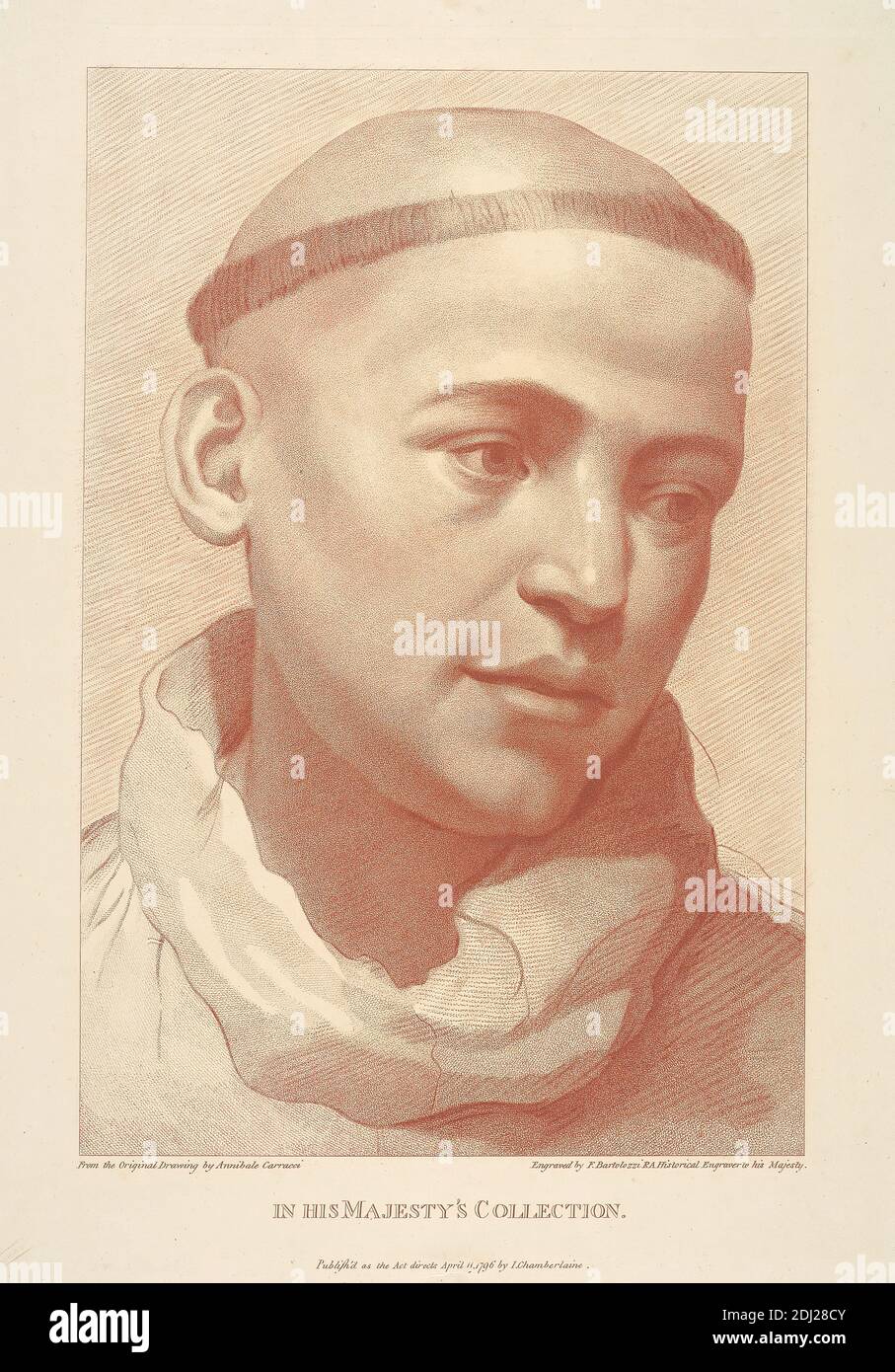 A Monk's Head, Francesco Bartolozzi RA, 1728–1815, italienisch, in Großbritannien tätig (1764–99), nach Annibale Carracci, 1560–1609, italienisch, 1796, Gravur Stockfoto