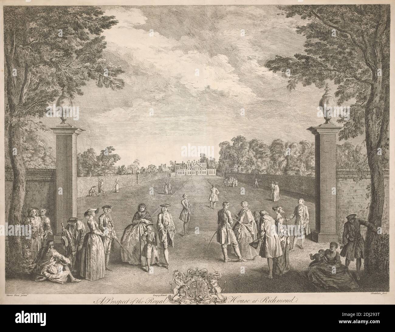 A Prospect of the Royal House at Richmond, Print Made by Jean B. C. Chatelain, 1710–1771, französisch, after Marco Ricci, 1676–1729, italienisch, Active in Britain (1708–10; 1711–16), Published by Joseph Goupy, 1689–1769, British, ca. 1740, Gravieren, Blatt: 16 x 21 3/8 Zoll (40.6 x 54,3 cm Stockfoto