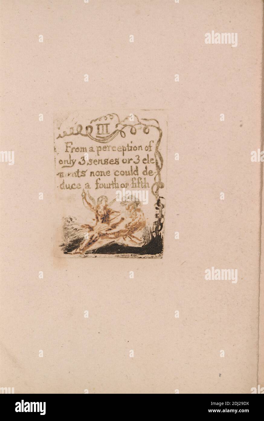 Es gibt keine natürliche Religion, Platte 5, 'III aus einer Wahrnehmung. . . . (Bentley a6), Druck von William Blake, 1757–1827, Großbritannien, ca. 1788, farbliche Reliefgravierung auf mäßig dickem, leicht strukturiertem, cremefarbenem Papier, Blatt: 1/4 x 10.2 cm (5 13.3 x 4 Zoll), Platte: 1/2 x 5.1 cm (2 x 1 3.8 Zoll) und Wirbelsäule: 5 1/2 Zoll (14 cm), Engel, literarisches Thema, Männer, religiöses und mythologisches Thema, sitzen, Text, Bäume, Weinstock, Flügel Stockfoto