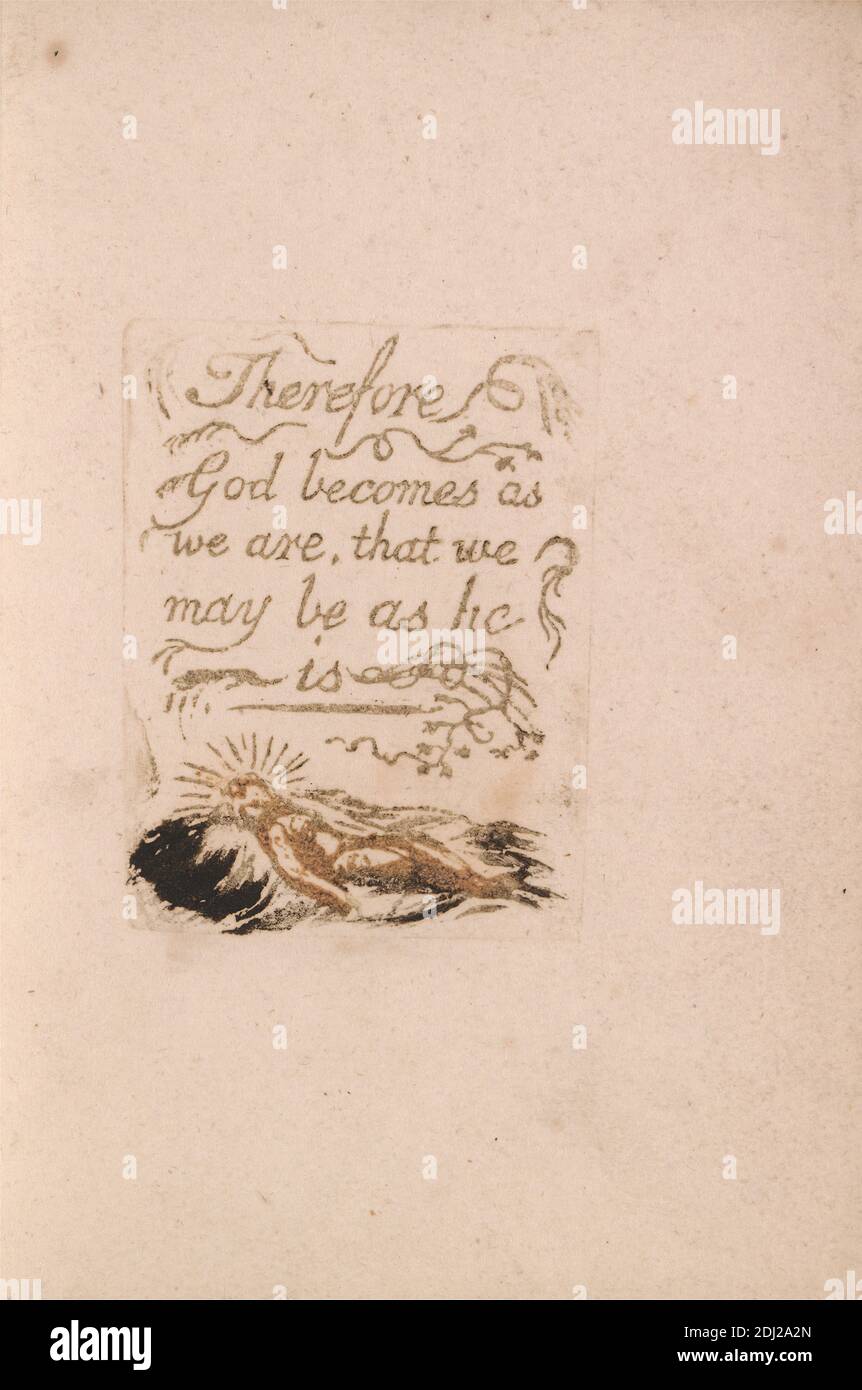 Es gibt keine natürliche Religion, Tafel 9, 'Deshalb wird Gott. . . . (Bentley b12), Druck von William Blake, 1757–1827, Großbritannien, ca. 1788, farbliche Relief-Radierung auf mäßig dickem, leicht strukturiertem, cremefarbenem Wove-Papier, Blatt: 1/4 x 10.2 cm (5 13.3 x 4 Zoll), Platte: 6 x 4.8 cm (2 3/8 x 1 7/8 Zoll) und Wirbelsäule: 1/2 cm (5 14 Zoll), Buch, literarisches Thema, Männer, Lesen, Text, Bäume, Reben Stockfoto