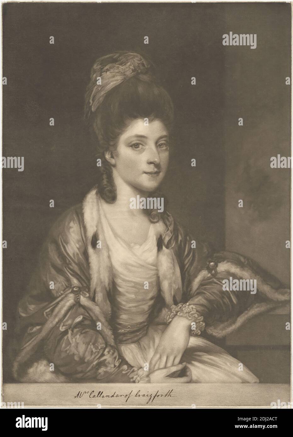 Harriet Callander von Craigforth, zugeschrieben William Dickinson, 1746–1823, britisch, nach Sir Joshua Reynolds RA, 1723–1792, britisch, ca. 1772, Mezzotint auf mäßig dickem, glattem, beigefarbenem Papier, Blatt: 14 x 10 1/16 Zoll (35.5 x 25.5 cm) und Bild: 13 1/8 x 10 1/16 Zoll (33.3 x 25.5 cm), Stulpen, Locken, Fell, Blick, Gestik, Spitze, Perlen, Porträt, Posen, Ruhe, Bänder, Robe, Schärpe, feierlich Stockfoto