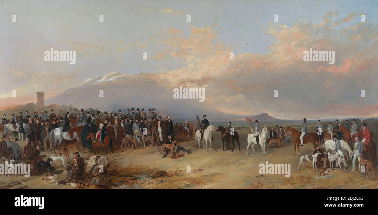 The Caledonian Coursing Meeting, Richard Ansdell, 1815–1885, British, 1844, Öl auf Leinwand, Unterstützung (PTG): 61 1/8 × 119 15/16 Zoll (155.3 × 304.6 cm), Schloss, Verein (Verein), Kostüm, Hunde (Tiere), Mündung, Feld, Windhunde (Rasse), Pferde (Tiere), Jäger, Jagd, Insel, Landschaft, Treffen, Männer, Berge, Kaninchen, Reiter, Reiten, Sportkunst, Ardrossan, Arran, Insel, Clyde, Firth of, North Ayrshire, Schottland, Vereinigtes Königreich Stockfoto