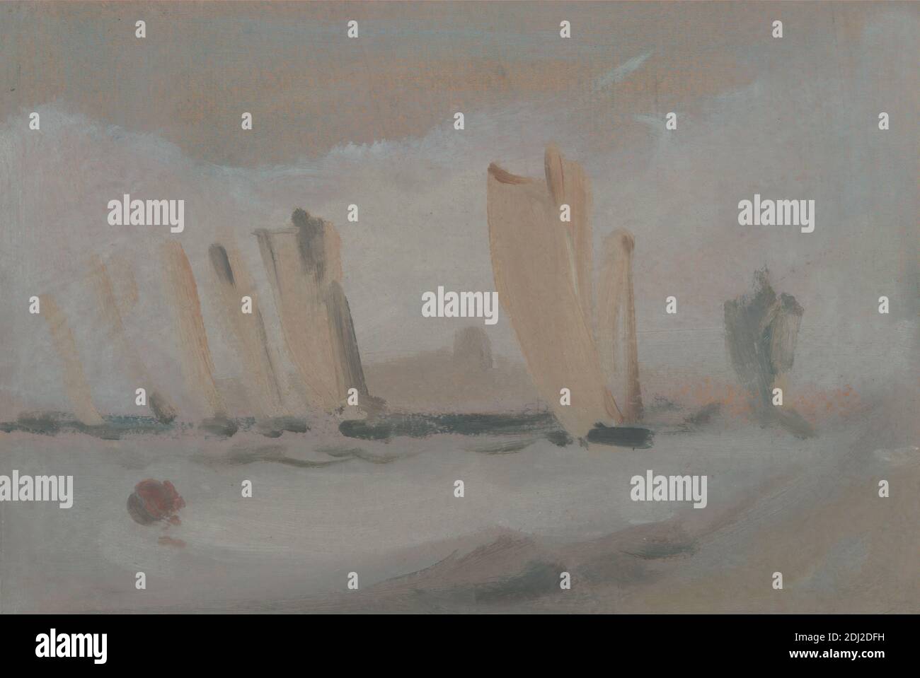 Yacht Racing on the Solent, unbekannter Künstler, neunzehnten Jahrhundert, ehemals Peter DeWint zugeschrieben, 1784–1849, britisch, ehemals Joseph Mallord William Turner, (wie gekauft), 1775–1851, britisch, ca. 1827, Öl auf Papier, Unterstützung (PTG): 6 x 9 3/4 Zoll (15.2 x 24.8 cm), Pinselstriche, Boje, Marine Art, Rennen (Event), Segelboote, Meer, Schiff, sloops (Segelschiffe), Meerenge, Wasser, Yachten, Isle of Wight, The Solent, Vereinigtes Königreich Stockfoto
