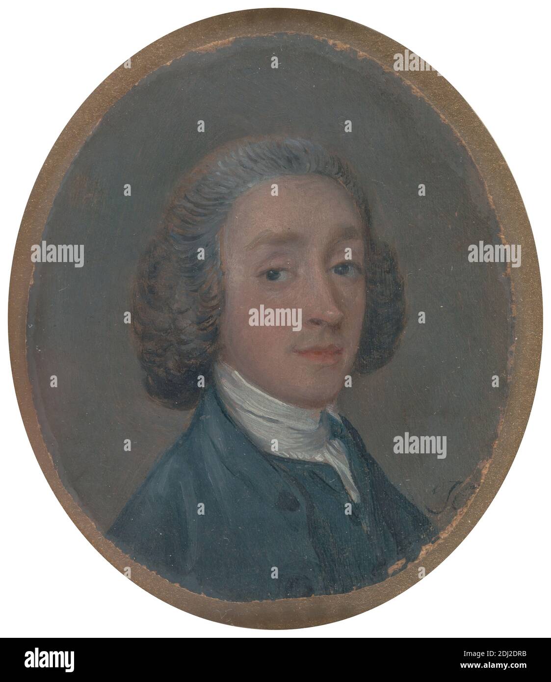 Portrait of a Young man with Powdered Hair, Thomas Gainsborough RA, 1727–1788, British, ca. 1750, Öl auf Leinwand, Unterstützung (PTG): 3 1/8 x 2 3/4 Zoll (7.9 x 7 cm), Kostüm, Georgisch, männlich, Mann, oval, Porträt Stockfoto