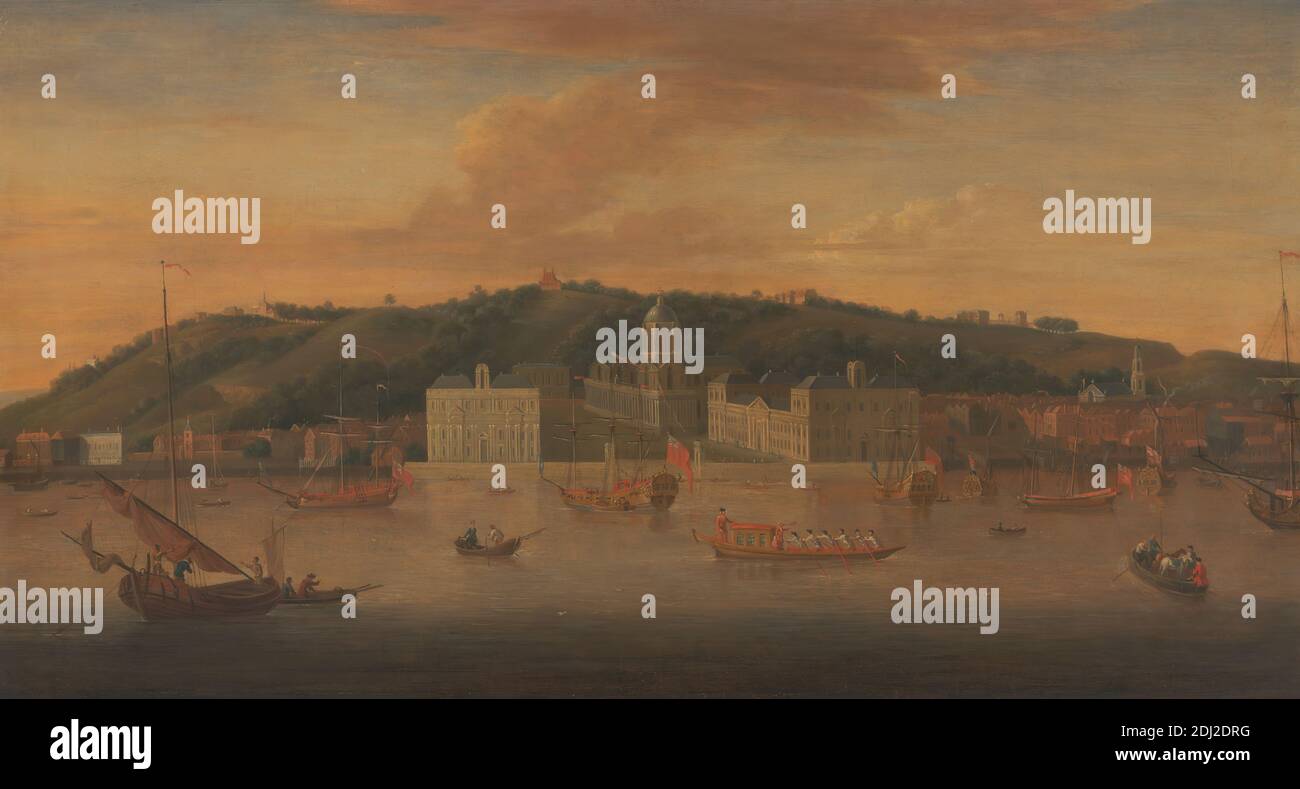 Ein Blick auf Greenwich vom Fluss aus mit vielen Booten, Jan Griffier der Ältere, ca. 1645–1718, niederländisch, in Großbritannien tätig (ab ca. 1672), zwischen 1700-1710, Öl auf Leinwand, Stütze (PTG): 17 3/4 x 32 3/4 Zoll (45.1 x 83.2 cm), Architektur, Boote, Gebäude, Stadt, Kuppel, Hafen, Hügel, Pferde (Tiere), Landschaft, Männer, Fluss, Flussufer, Ruderboote, Segelboote, Seeleute, Schiffe, Stadt, Ansicht, Wasser, England, Europa, Greenwich, London, Themse, Vereinigtes Königreich Stockfoto