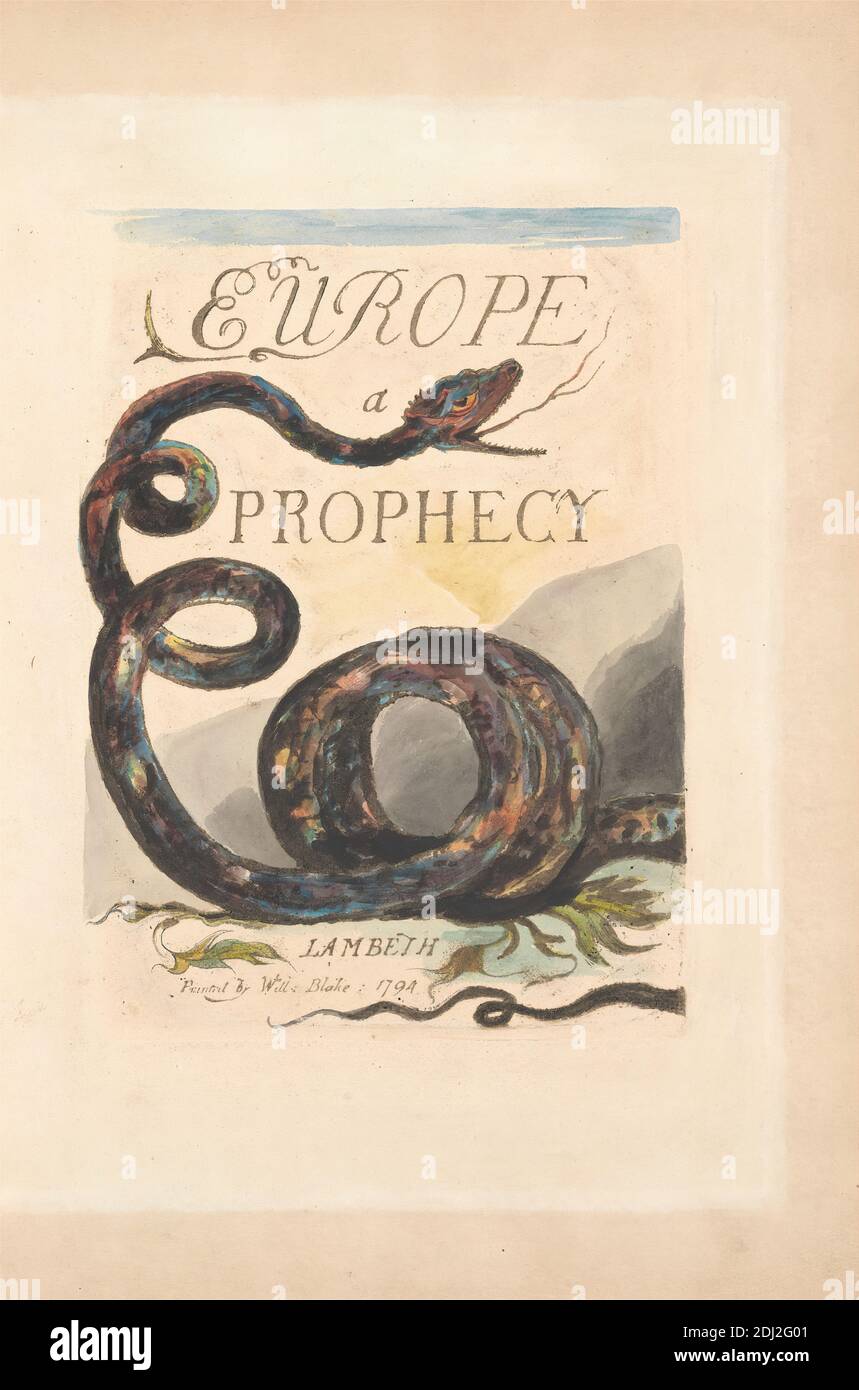 Europa. A Prophecy, Plate 2, Titelseite, Druck von William Blake, 1757–1827, British, 1794, farblich bedruckte Reliefradierung in dunkelbraun mit Feder und schwarzer Tinte, Öl und Aquarell auf mäßig dickem, leicht strukturiertem, cremefarbenem, eingelegtem Papier, Blatt: 14 3/4 x 10 1/2 Zoll (37.5 x 26.7 cm), Platte: 9 3/8 x 6 3/4 Zoll (23.8 x 17.1 cm) und Wirbelsäule: 15 3/8 Zoll (39.1 cm), Blatt, Pflanzen, religiöses und mythologisches Thema, Schlange, Schlange, Text Stockfoto