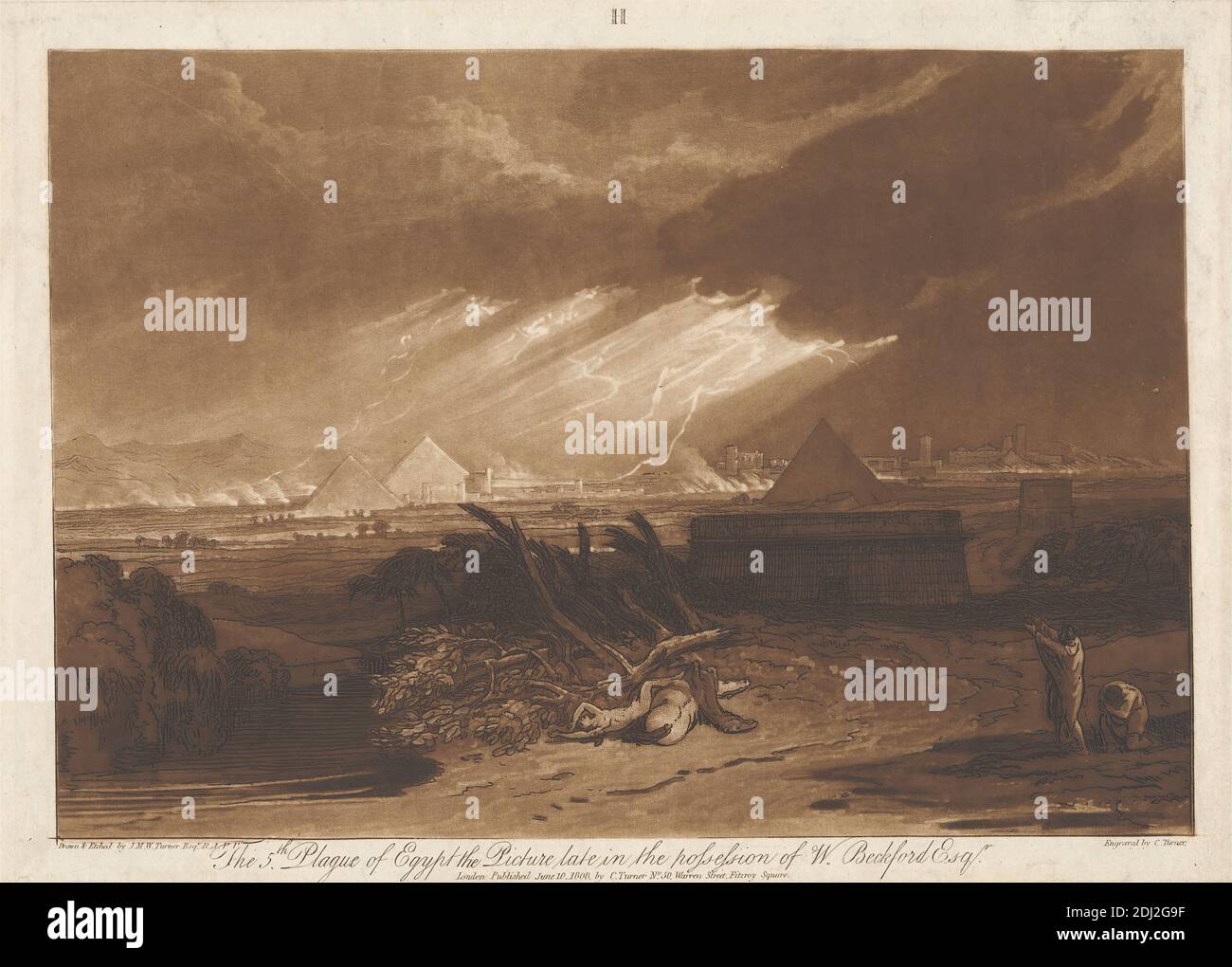 The Fifth Plague of Egypt, geätzt von Joseph Mallord William Turner, 1775–1851, britisch, gestochen von Charles Turner, 1774–1857, britisch, nach Joseph Mallord William Turner, 1775–1851, britisch, 1808, Radierung und Mezzotinta, gedruckt in brauner Tinte auf Medium, leicht strukturiert, cremefarbenes Papier, Blatt: 11 1/2 × 16 3/4 Zoll (29.2 × 42.5 cm), Platte: 8 1/4 × 11 3/8 Zoll (21 × 28.9 cm) und Bild: 7 1/8 × 10 1/8 Zoll (18.1 × 25.7 cm), Wolken, Landschaft, Blitz, Meteorologie, Pyramiden, Wissenschaft, Sturm Stockfoto