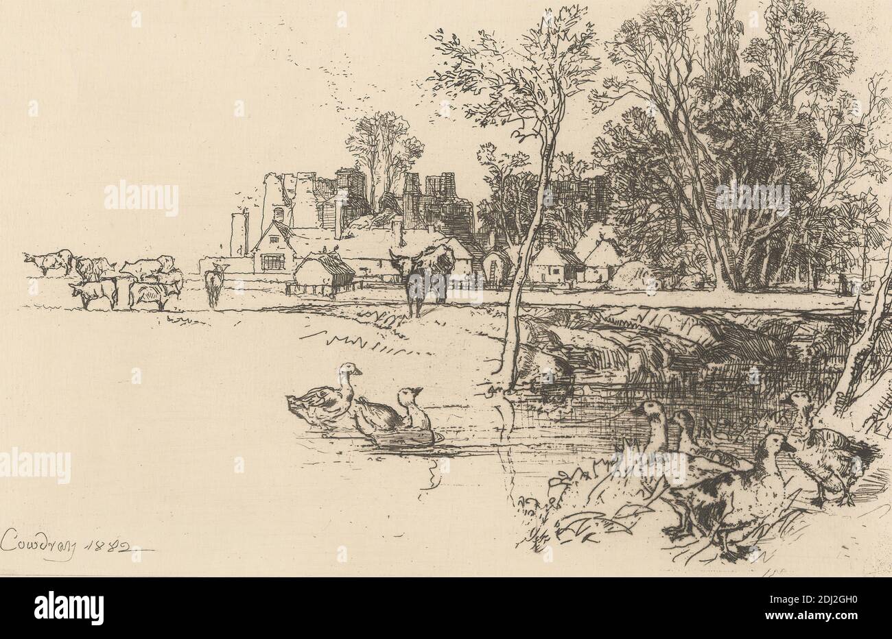 Cowdray, Francis Seymour Haden, 1818–1910, British, 1882, Ätzung und Trockenpunkt auf dickem, leicht strukturiertem, cremefarbenem Papier, Blatt: 3/16 x 31 cm (9 12 3/16 x 23.3 Zoll), Platte: 3/16 x 12 3/16 cm (9 23.3 x 31 Zoll) und Bild: 5 15/16 x 9 3/16 Zoll (15.1 x 23.3 cm), Tierkunst, Architekturmotiv, Banken, Vögel, Gebäude, Schloss, Rinder, Kühe, Enten, Bauernhof, Feld, Gänse, Häuser, Landschaft, Herrenhaus, Weide, Fluss, Bach, Bäume, Cowdray House, England, Europa, Midhurst, Großbritannien, West Sussex Stockfoto