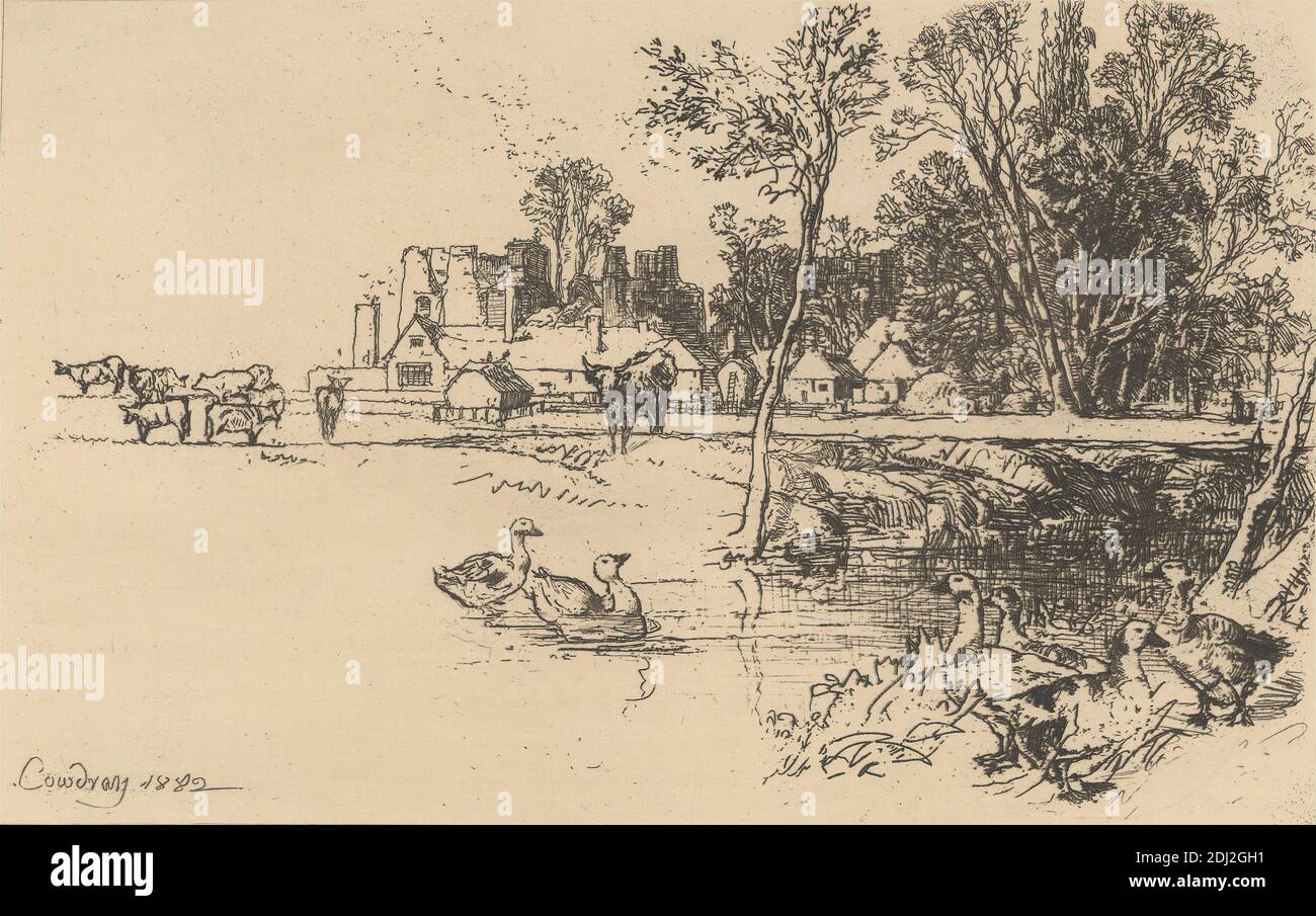 Cowdray, Francis Seymour Haden, 1818–1910, British, 1882, Ätzung und Trockenpunkt, mit Tellerton auf dickem, glattem, beigefarbenem Papier, Blatt: 8 7/8 x 12 3/4 Zoll (22.5 x 32.4 cm), Platte: 8 7/8 x 12 3/4 Zoll (22.5 x 32.4 cm) und Bild: 5 13/16 x 9 5/16 Zoll (14.7 x 23.6 cm), Tierkunst, Architekturmotiv, Banken, Vögel, Gebäude, Schloss, Rinder, Kühe, Enten, Bauernhof, Feld, Gänse, Häuser, Landschaft, Herrenhaus, Weide, Fluss, Bach, Bäume, Cowdray House, England, Europa, Midhurst, Großbritannien, West Sussex Stockfoto