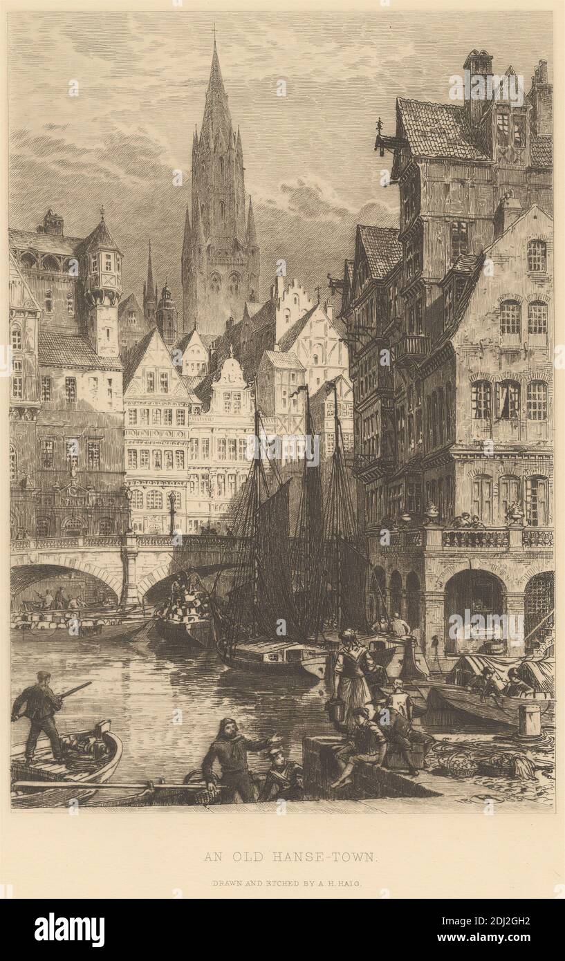 An Old Hanse Town, Druck von Axel Herman Haig, 1835–1921, britisch, nach Axel Herman Haig, 1835–1921, britisch, undatiert, Drypoint und Radierung auf dickem, glattem, beigefarbenem Papier, Blatt: 12 7/16 x 9 1/16 Zoll (31.6 x 23 cm) und Bild: 10 1/8 x 6 7/8 Zoll (25.7 x 17.5 cm), Bogenbrücke, Architekturmotiv, Geländer, Körbe, Boote, Brücke (gebaut), Eimer, Gebäude, Kirche, Stadtbild, Docks, Genremotiv, Geste, Hanseatisch, Arbeit, Männer, Fluss, Segelboote, Segel, Kirchturm, Frauen, Arbeiten, Deutschland Stockfoto