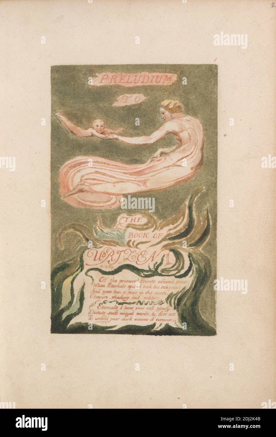 Das erste Buch von Urizen, Platte 2, 'Preludium to the Book of Urizen' (Bentley 2), Druck von William Blake, 1757–1827, British, 1794, farblich bedruckte Reliefgradierung in orange-braun mit Aquarell auf mäßig dickem, leicht strukturiertem, cremefarbenen Wove-Papier, Blatt: 10 x 1/8 cm (18.1 x 7 25.4 Zoll), Platte: 6 1/2 x 4 Zoll (16.5 x 10.2 cm), und Wirbelsäule: 10 1/4 Zoll (26 cm), Baby, Zweige, Kinder, Flammen, Kleid, Säugling, literarische Thema, religiöse und mythologische Thema, Text, Bäume, Frauen Stockfoto