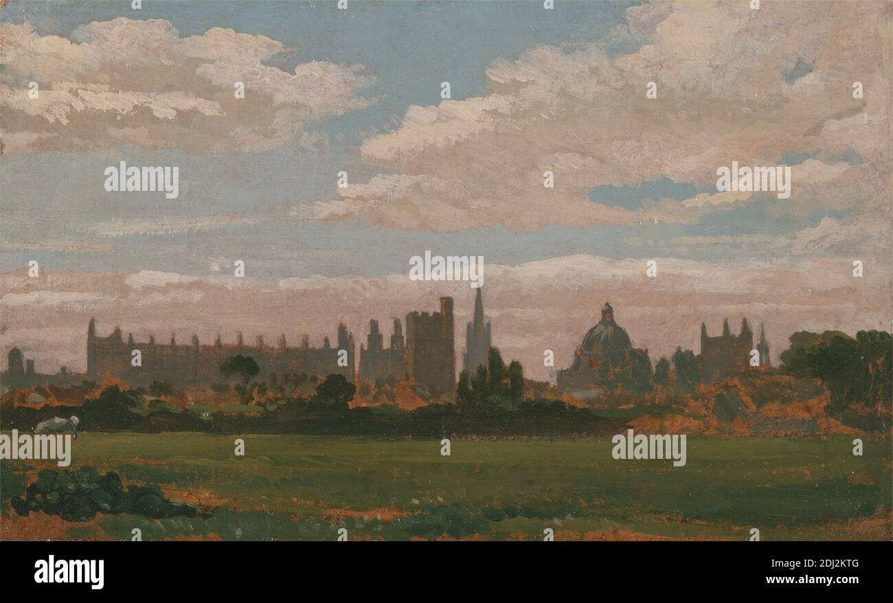 A View of Oxford, William Turner of Oxford, 1789–1862, britisch, Mitte des 19. Jahrhunderts, Öl auf Mühlbrett, Stützelement (PTG): 5 1/2 x 9 1/8 Zoll (14 x 23.2 cm), Architekturmotiv, Gebäude, Stadt, Stadtbild, Hochschule, Feld, Bibliothek, Christ Church College, England, Europa, Merton College, Oxford, Oxfordshire, Radcliffe Camera, Tom Tower, Großbritannien, University Church of St Mary the Virgin, University of Oxford Stockfoto