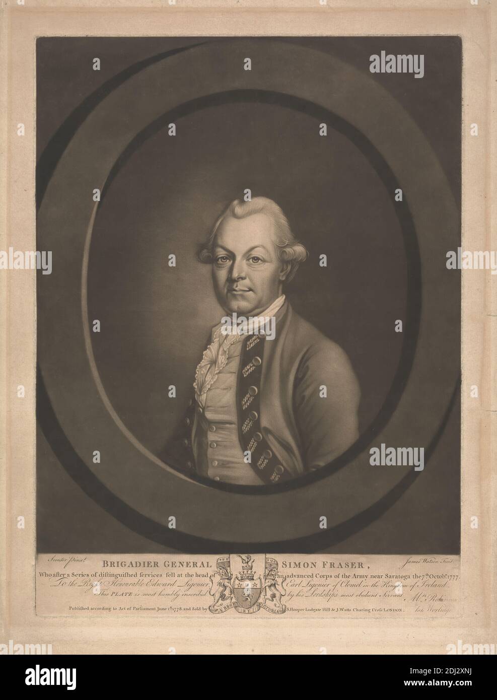 Portrait of Brigadier General Simon Fraser, James Watson, 1740–1790, britisch, nach James Scoiller, 1741–1812, britisch, 1778, Mezzotint Stockfoto