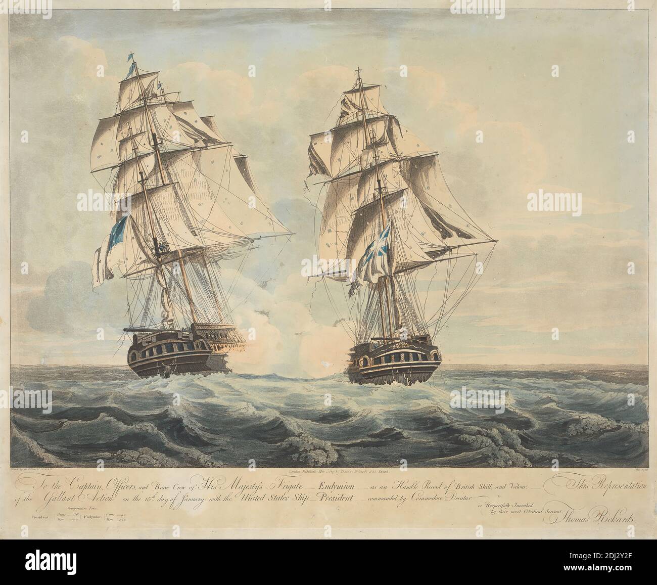 Fregatte seiner Majestät "Endymion" . . ., John Hill, 1770–1850, British, 1815, Aquatint mit Handkolorierung, Blatt: 18 x 21 5/8in. (45.7 x 54,9 cm Stockfoto
