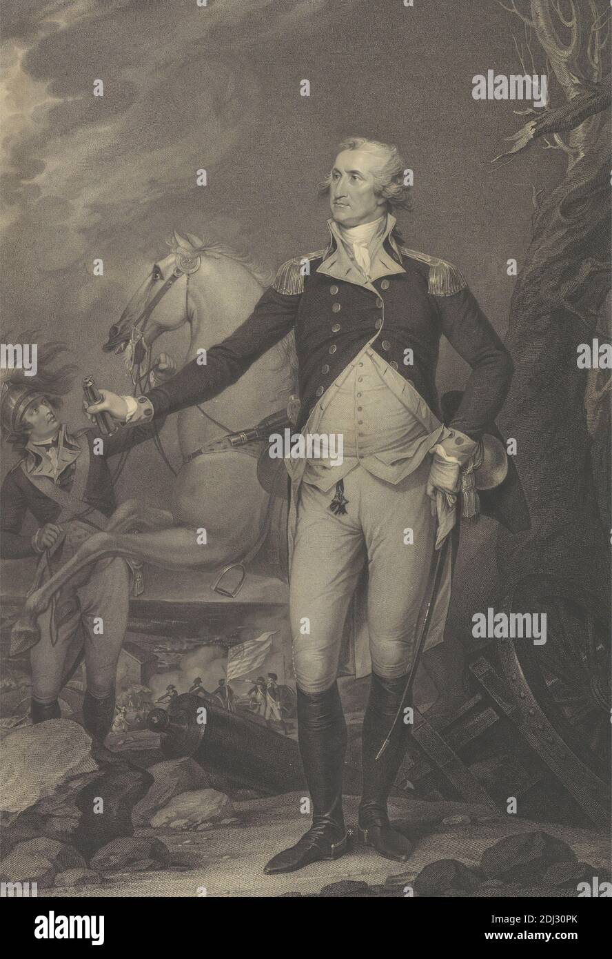 George Washington bei der Schlacht von Trenton, John Cheesman, 18–19. jh., nach John Trumbull, 1756–1843, Amerikaner, 1795, Graving in stipple Stockfoto