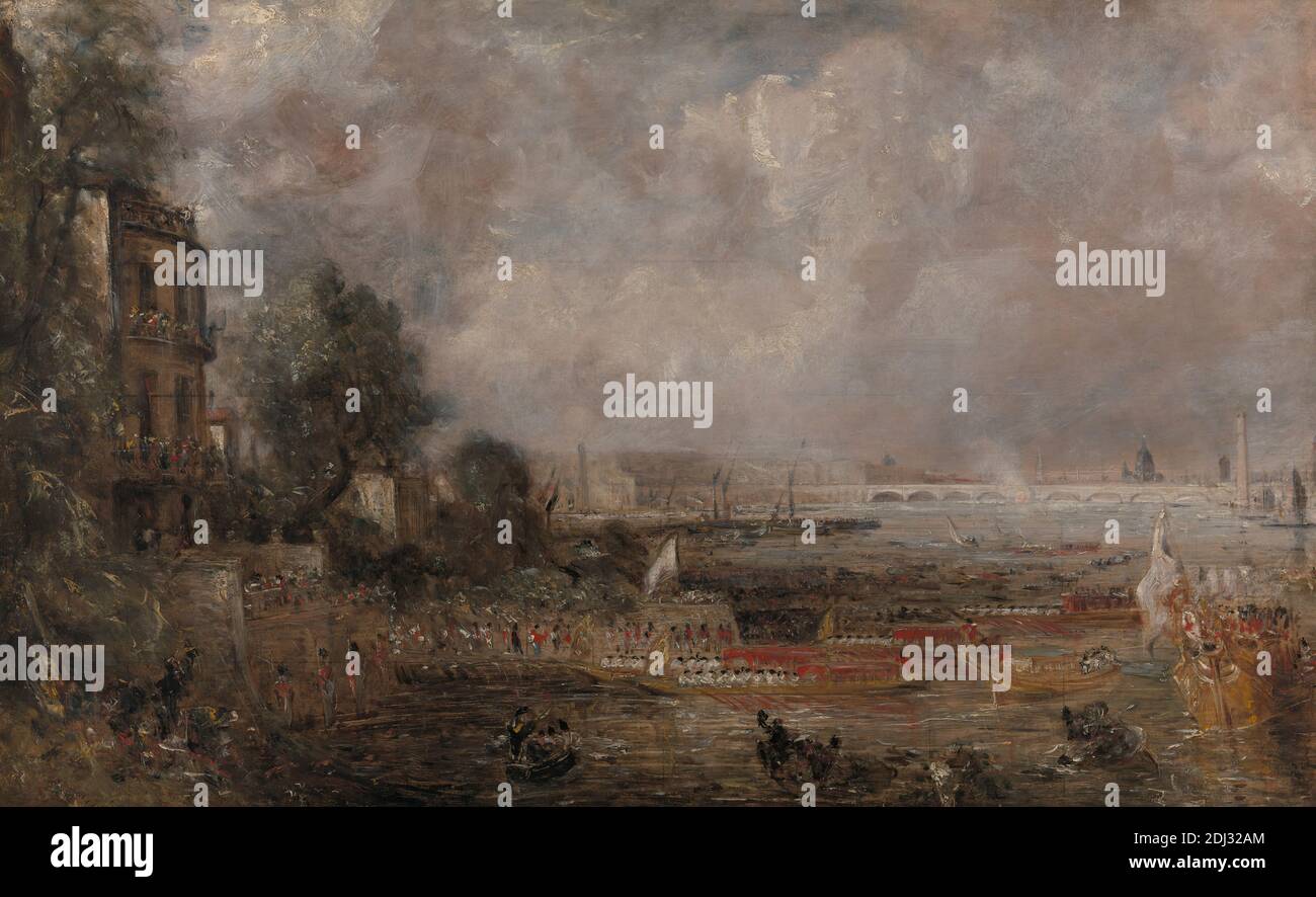 Halbgroße Skizze für die Eröffnung der Waterloo Bridge („Whitehall Stairs, 18. Juni 1817“), John Constable, 1776–1837, British, 1829 bis 1831, Öl auf Leinwand, Stütze (PTG): 24 x 39 Zoll (61 x 99.1 cm), Balkone, Lastkähne (zeremonielles Wasserfahrzeug), Boote, Brücke (Bauarbeiten), Gebäude, Feier, Zeremonie, Stadtbild, Kostüm, Genre Thema, Wachen (Sicherheit), Häuser, Eröffnung (Veranstaltung), Menschen, Prozession, Fluss, Soldaten, Uniformen, England, Groß-London, London, Themse, Vereinigtes Königreich, Waterloo Bridge Stockfoto
