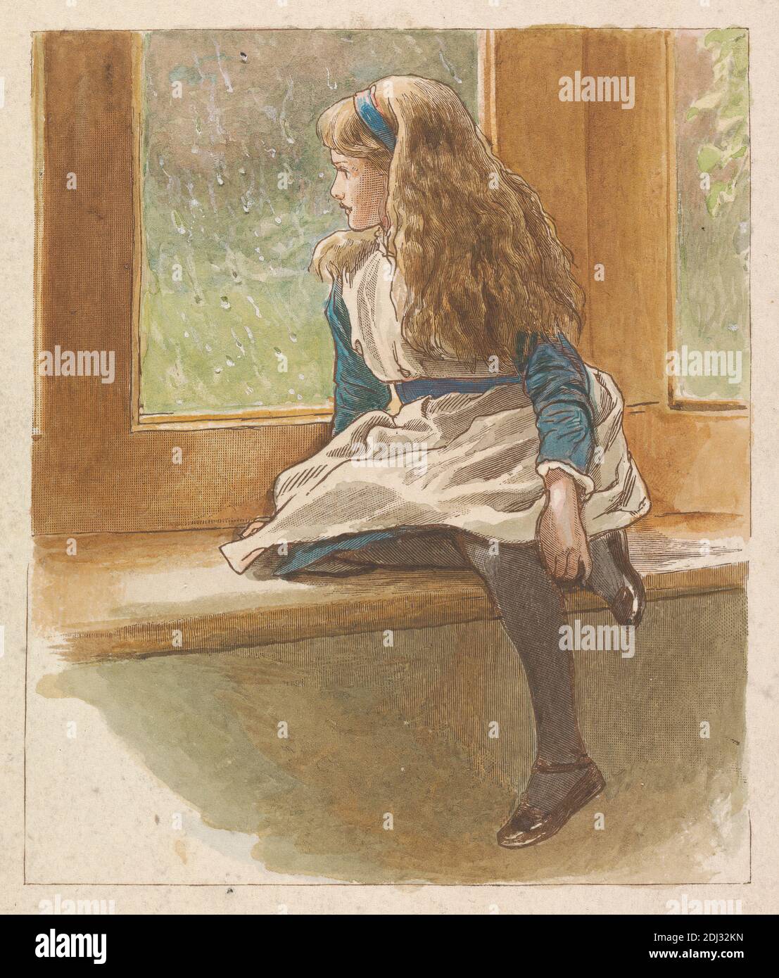 Girl at a Window, Print made by Robert Barnes, 1840–1895, British, after Robert Barnes, 1840–1895, British, undatiert, Holzstich mit Aquarell auf mäßig dickem, leicht strukturiertem, cremefarbenem Karton auf mäßig dickem, leicht strukturiertem, beigefarbenem Papier, Halterung: 7/8 x 11/16 cm (7 20 x 5 14.5 Zoll), Blatt: 6 5/8 x 5 3/8 Zoll (16.8 x 13.7 cm), und Bild: 4 15/16 x 4 1/8 Zoll (12.6 x 10.5 cm), Schürze, Genre Thema, Mädchen, Niederschlag, ruhen, sitzen, nachdenklich, beobachten, Fenster Stockfoto