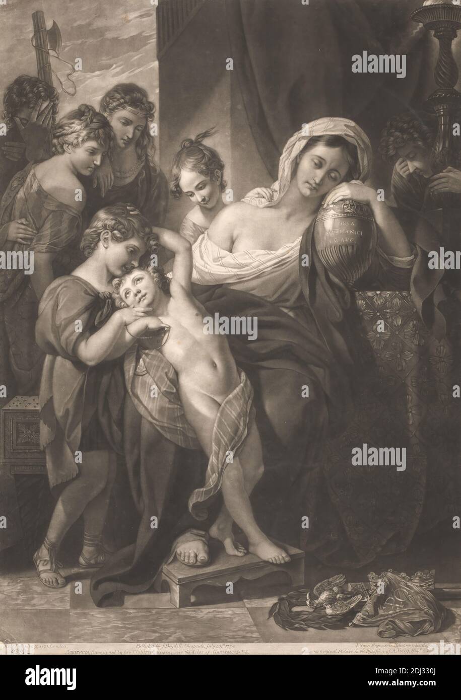 Agrippina surrounded by her Children, Valentine Green, 1739–1813, britisch, nach Benjamin West, 1738–1820, amerikanisch, in Großbritannien tätig (ab 1763), 1774, Mezzotint Stockfoto