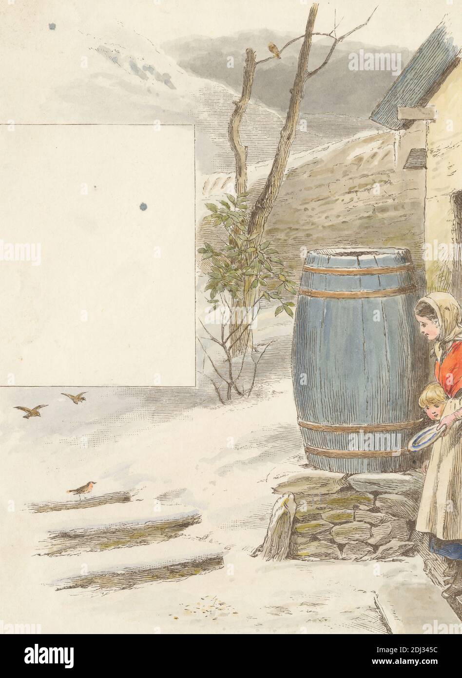 Frost und Schnee, Druck von Alfred W. Cooper, aktiv 1850–1901, britisch, nach Alfred W. Cooper, aktiv 1850–1901, britisch, undatiert, Holzstich mit Handfärbung auf mäßig dickem, leicht strukturiertem, cremefarbenem Webpapier, Blatt: 8 3/16 x 6 5/8 Zoll (20.8 x 16.9 cm) und Bild: 7 3/8 x 5 3/8 Zoll (18.7 x 13.7 cm), Schürze, Fass, Vögel, Junge, Kind, Kinderliteratur, Ferienhaus, Kleid, Frost, Genremotiv, Kopftuch, Hügel, Haus, Illustration, Landschaft, Mutter, Berg, Land, Schnee, Sohn, Treppe, Winter, Frau Stockfoto