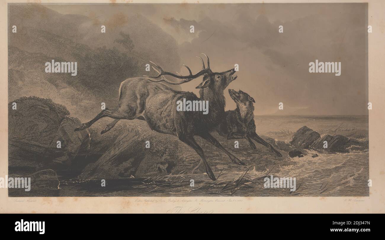 The Chase, William Henry Simmons, 1811–1882, British, 1851, Gravieren und Radieren, Tierkunst, Hirsche, Hund (Tier), Ozean, Felsen (Landformen Stockfoto