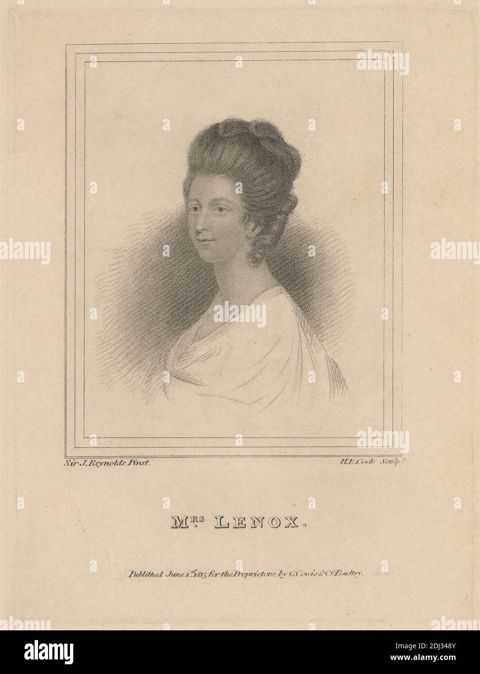 Mrs. Lenox, Druck gemacht von Henry R. Cook, aktiv 1802–1849, Britisch, aktiv in Großbritannien und Frankreich, nach Sir Joshua Reynolds RA, 1723–1792, Britisch, Published by G. Cowie & Co., aktiv 1830er, Britisch, 1813, Stichelstich und Linienstich auf mittlerem, leicht strukturiertem, cremefarbenen Wove-Papier, in Halterung gelegt, Blatt: 7 11/16 x 5 9/16 Zoll (19.5 x 14.2 cm), Platte: 5 7/8 x 4 5/16 Zoll (14.9 x 11 cm), und Bild: 3 15/16 x 3 3/16 Zoll (10 x 8.1 cm), Büste, Locken, Kleid, Porträt, Frau, Schriftsteller Stockfoto