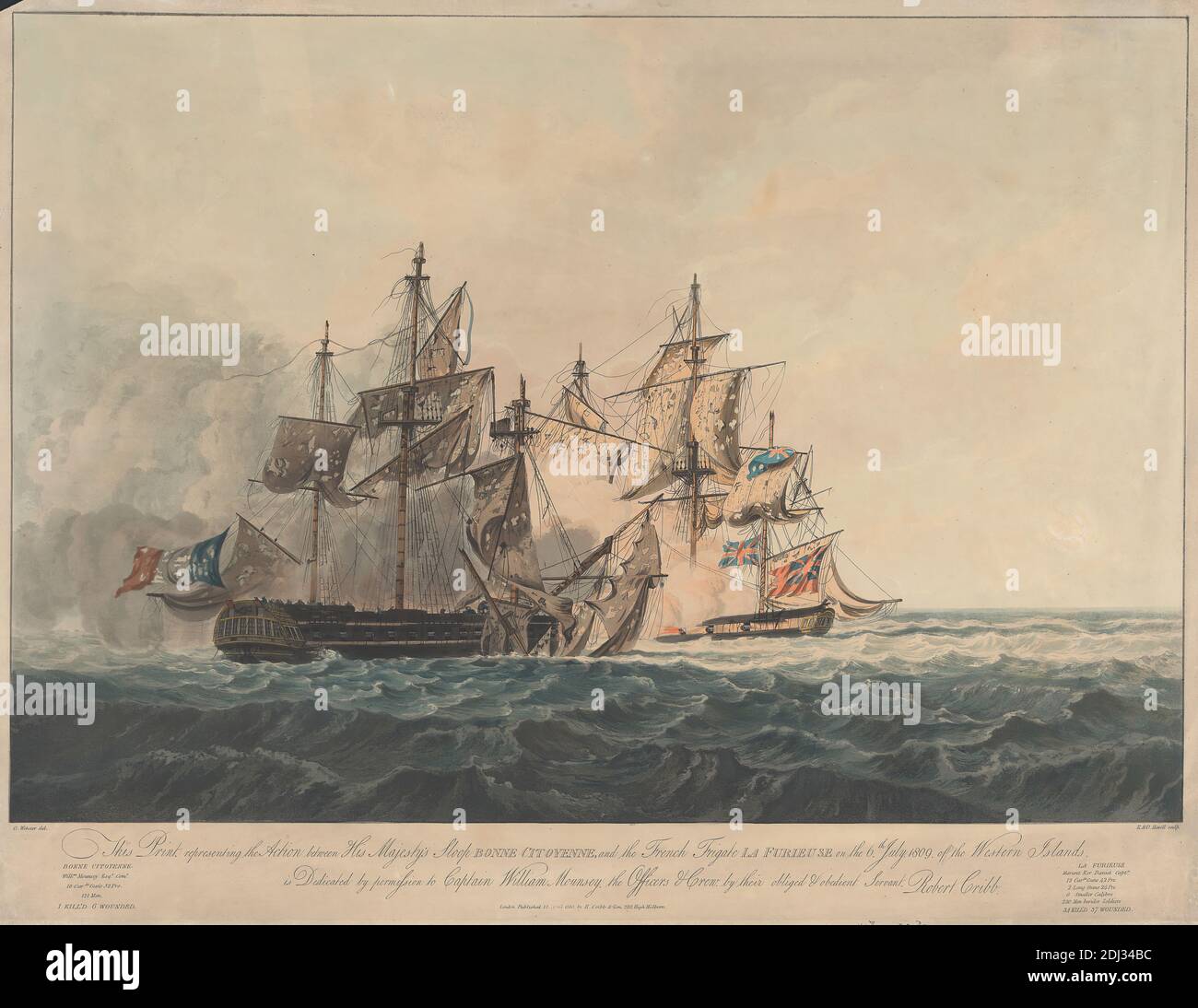 The Action Between His Majesty's Sloop 'Bonne Citoyenne' and the French Frigate 'La Furieuse', Robert Havell, 1769–1832, British, after William Daniell, 1769–1837, British, 1810, coloriertes Aquatinta Stockfoto