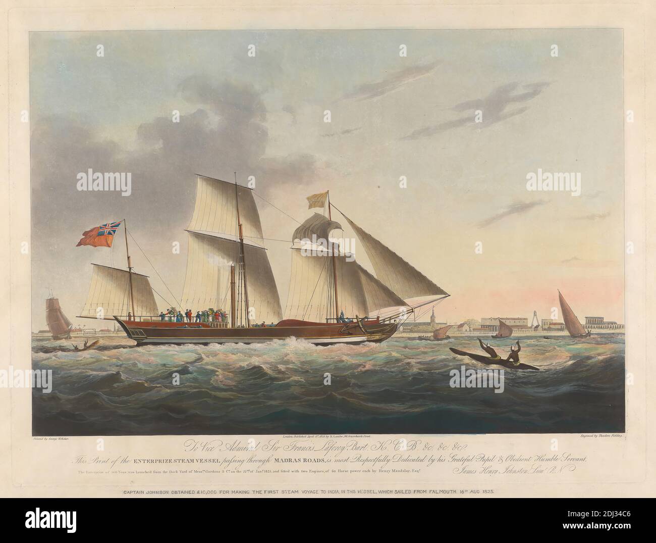 The Enterprize Dampfschiff, Passing through Madras Roads, Theodore Henry Adolphus Fielding, 1781–1851, britisch, nach George Webster, 1797–1864, britisch, 1825, Aquatint, handfarbig, Blatt: 21 1/2 x 27 3/4in. (54.6 x 70,5 cm Stockfoto