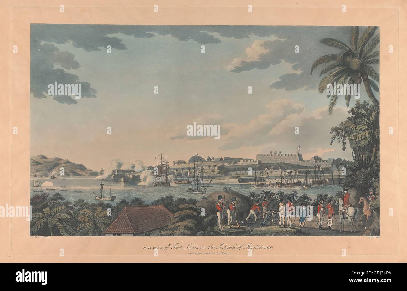 Nordostansicht von Fort Louis auf der Insel Martinique, Samuel Alken, 1756–1815, britisch, nach Cooper Willyams, 1762–1816, britisch, 1796, farbige Aquatinta, Blatt: 12 1/8 x 18 Zoll (30.8 x 45,7 cm Stockfoto